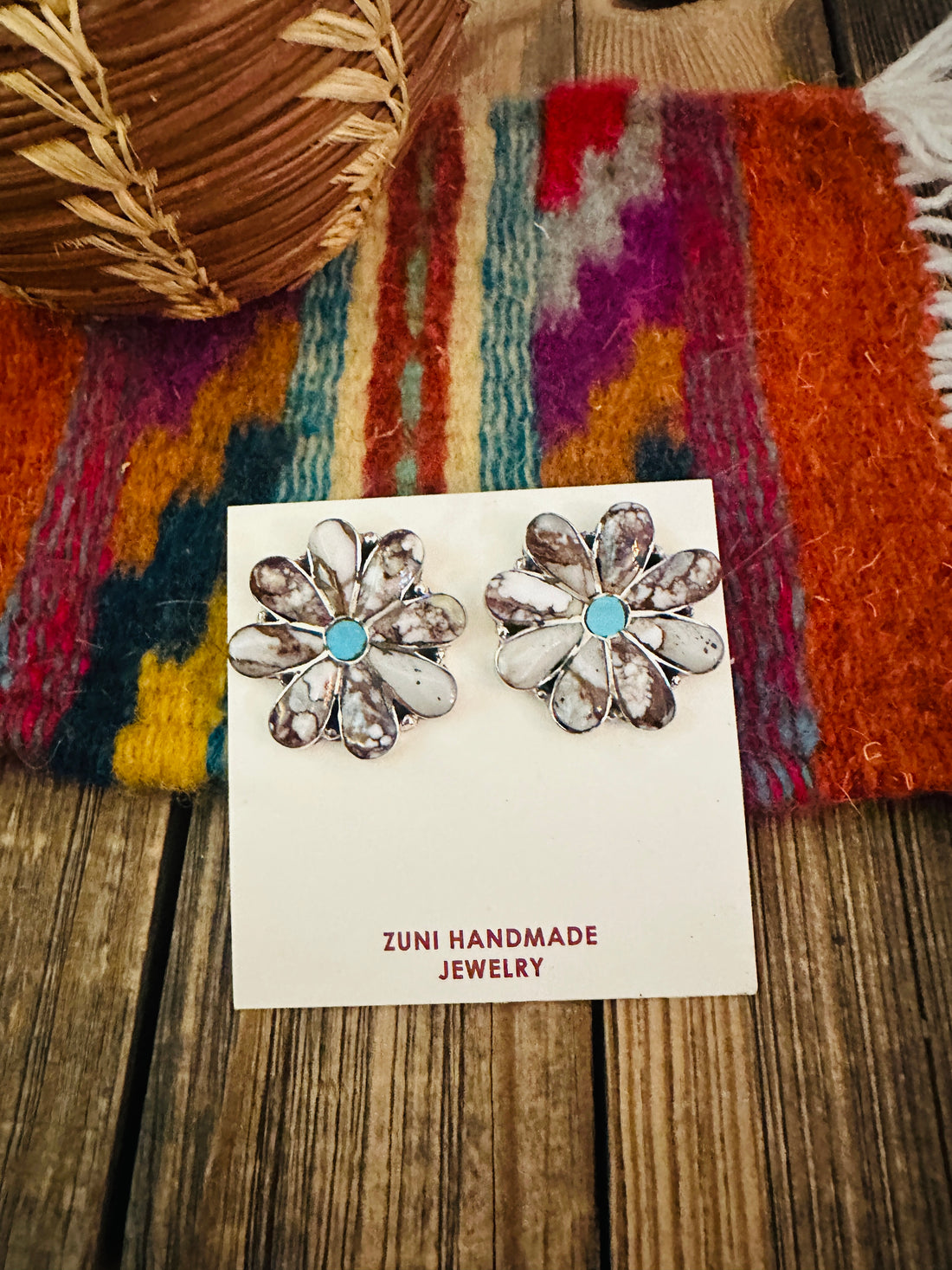 Handcrafted Wild Horse, Turquoise & Sterling Silver Flower Post Earrings