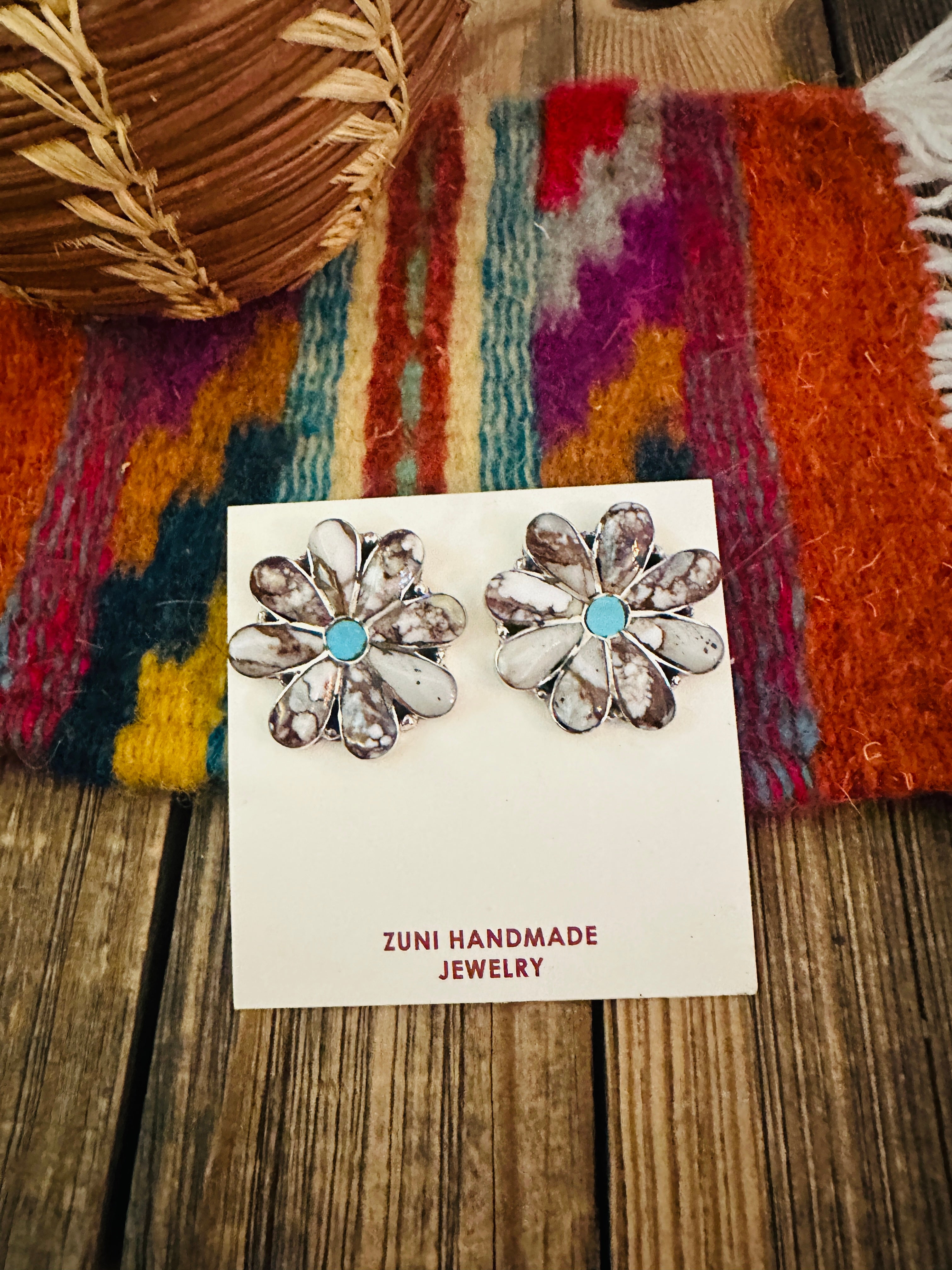 Handcrafted Wild Horse, Turquoise & Sterling Silver Flower Post Earrings