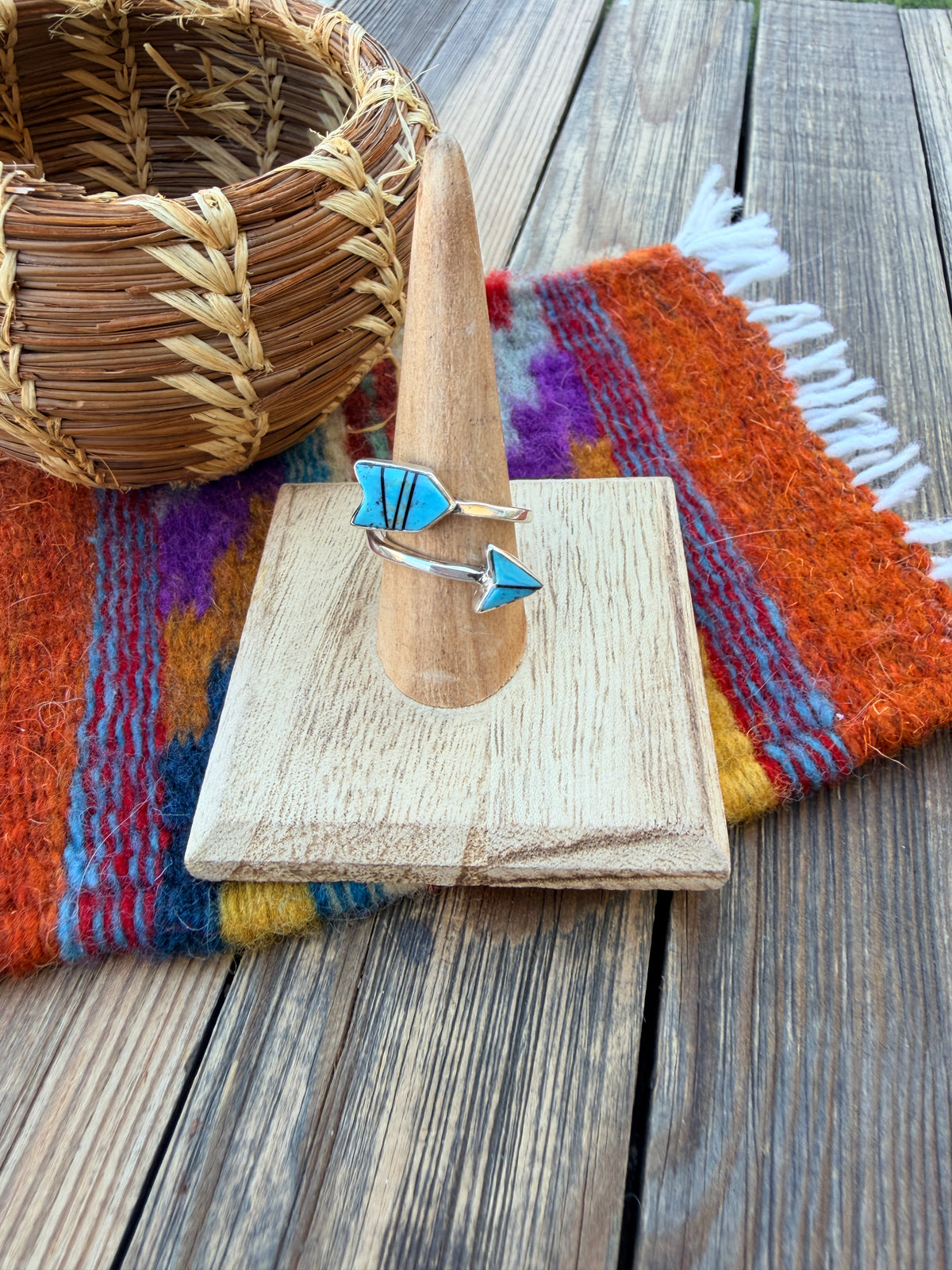 Handcrafted Sterling Silver & Turquoise Inlay Adjustable Arrow Ring