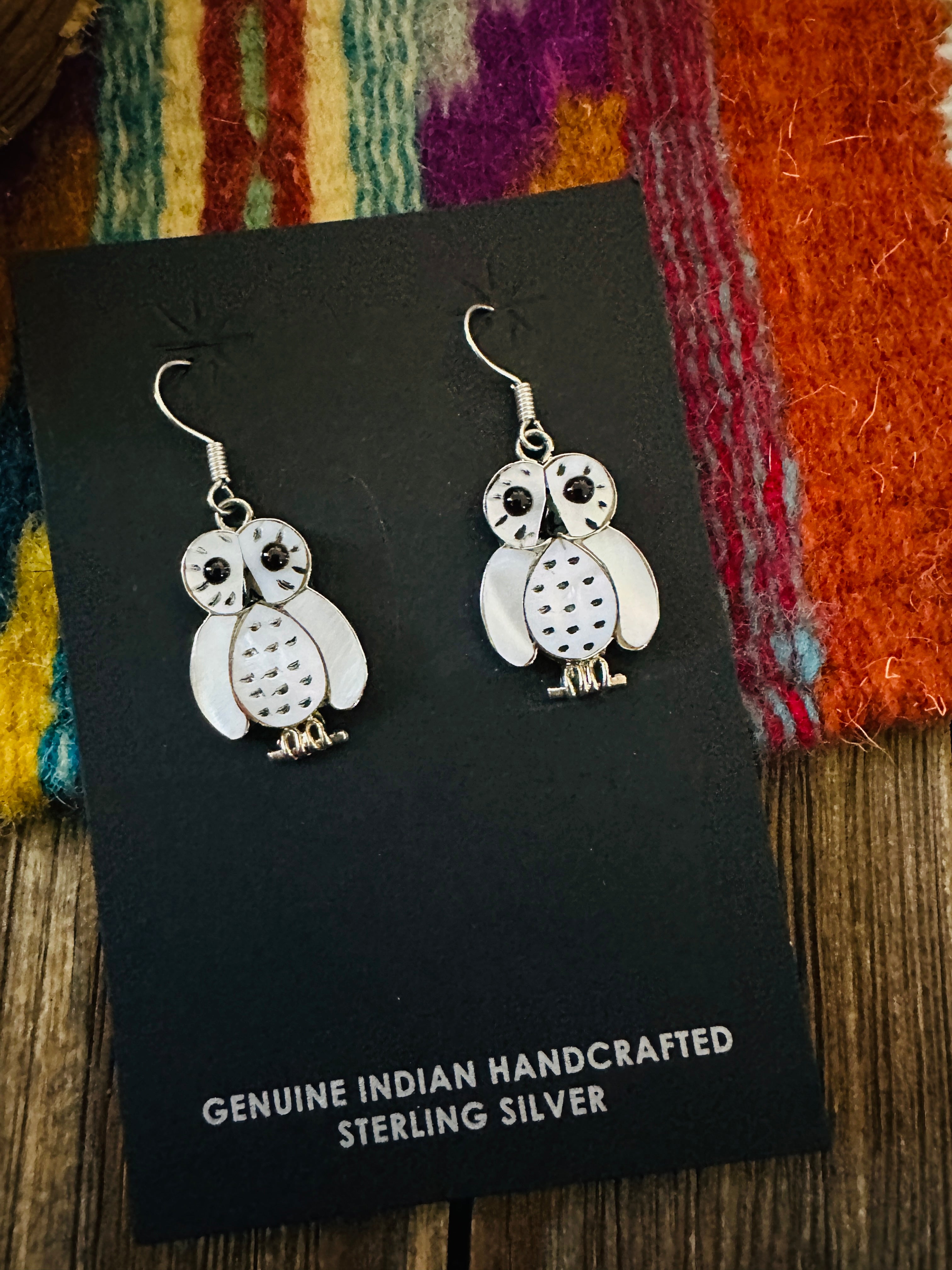 Handcrafted Sterling Silver, Mother of Pearl & Jet Inlay Owl Dangle Earrings