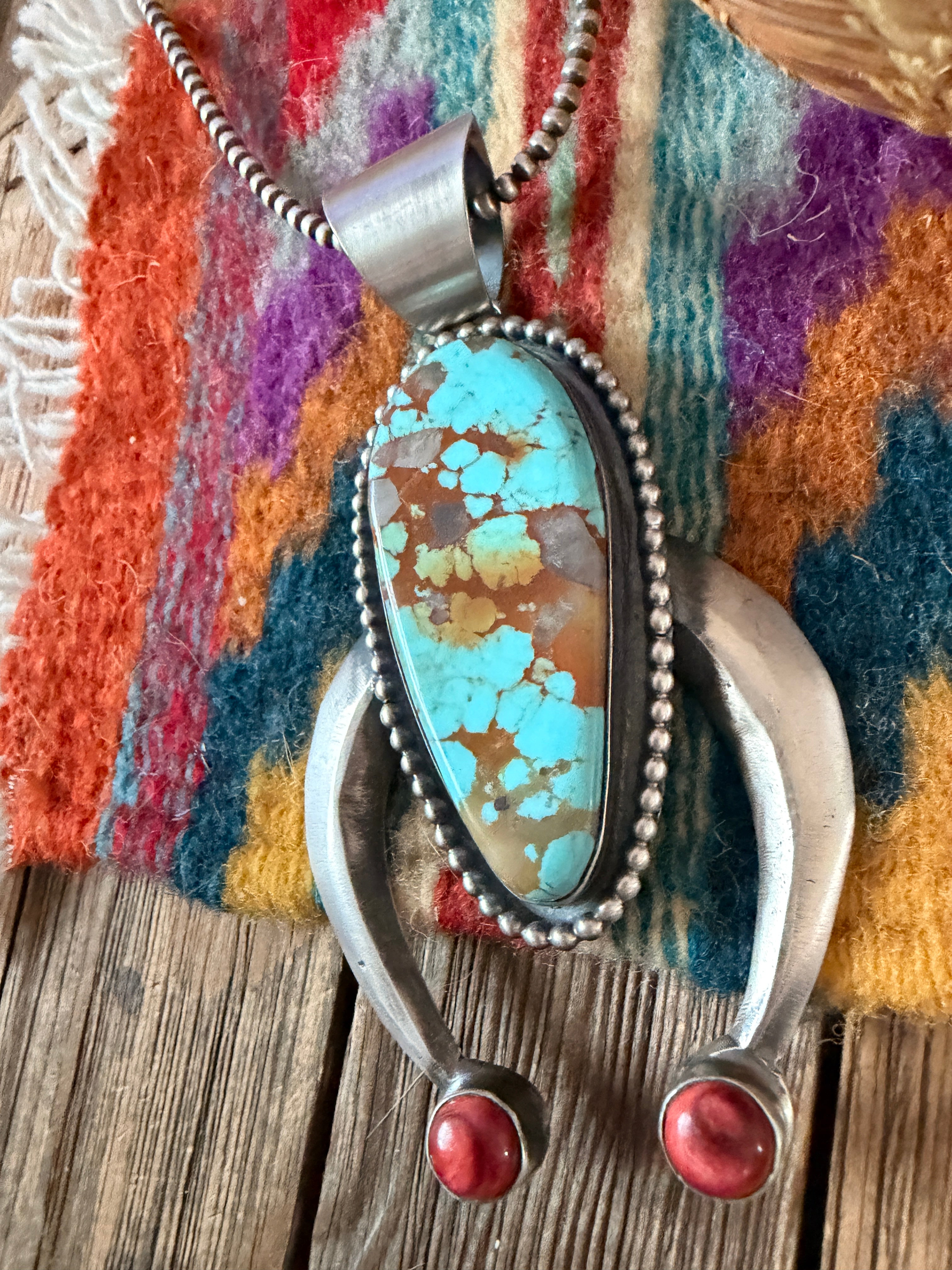Handcrafted Sterling Silver, Number 8 Turquoise & Spiny Naja Pendant by Chimney Butte