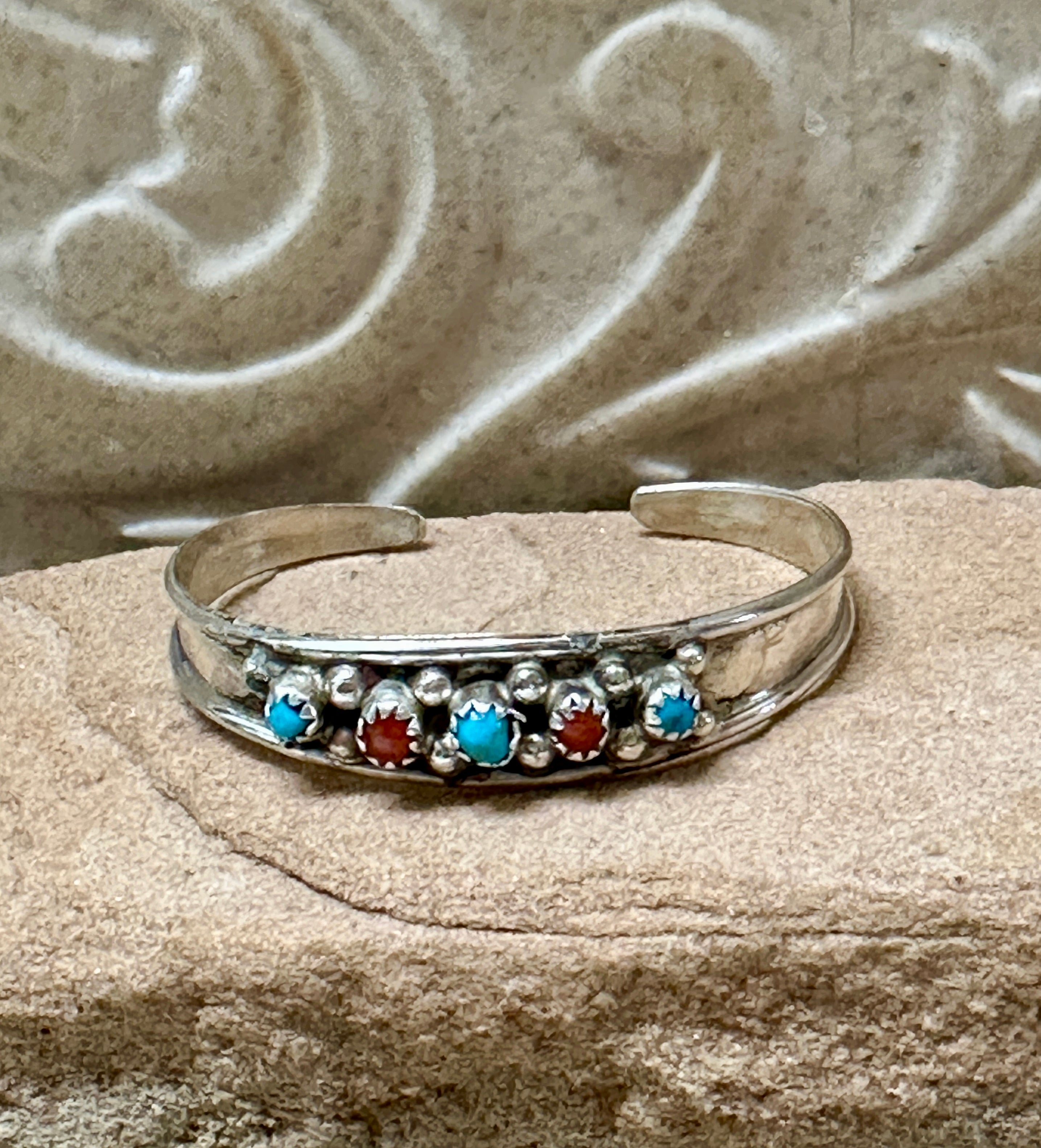 Handcrafted Turquoise, Coral, Sterling Silver Child Cuff Bracelet