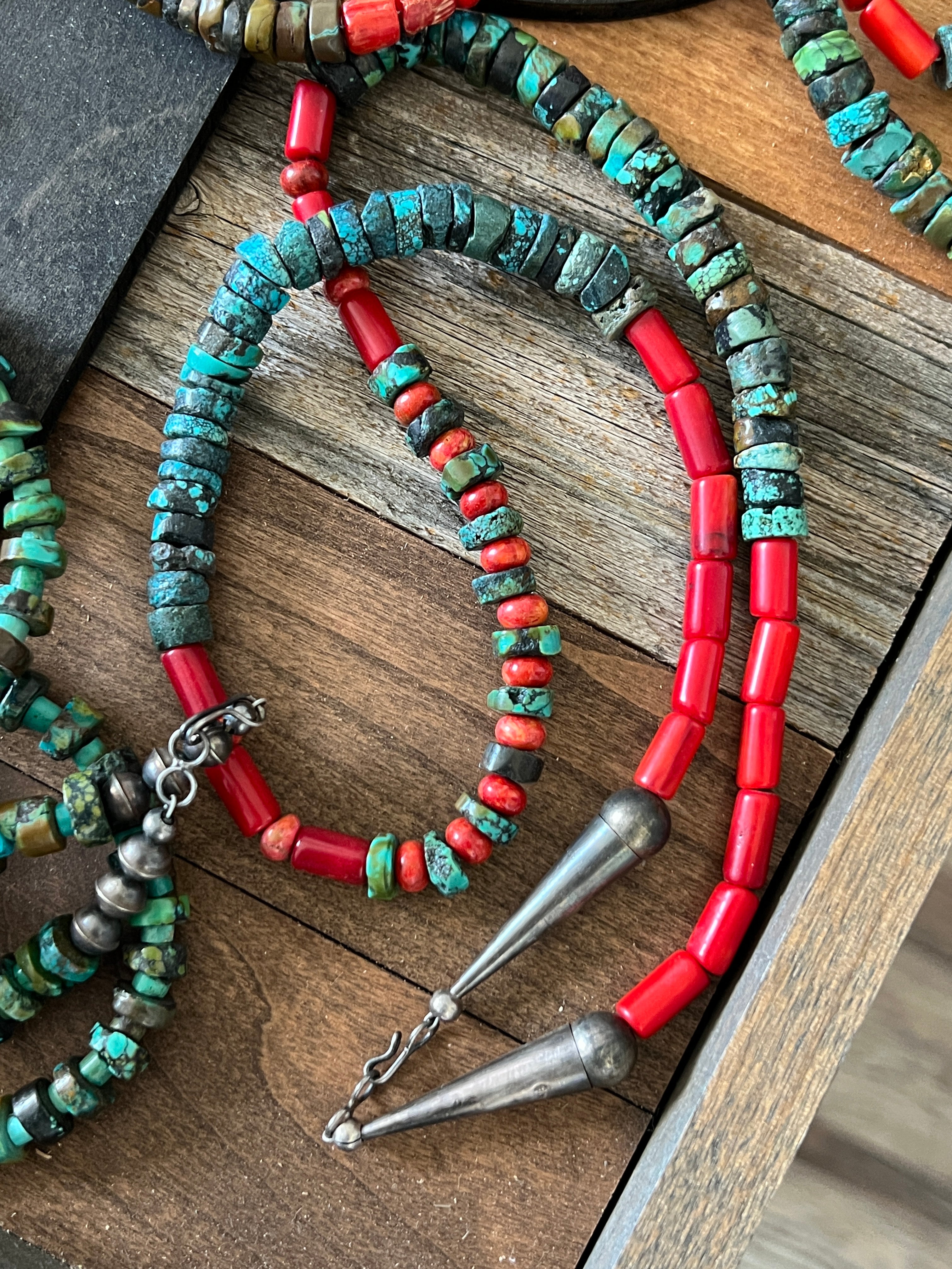 Handcrafted Hubei Turquoise Beaded Necklace with Sterling Silver and Bamboo Coral by Kirby Smith: 13 To Choose From!