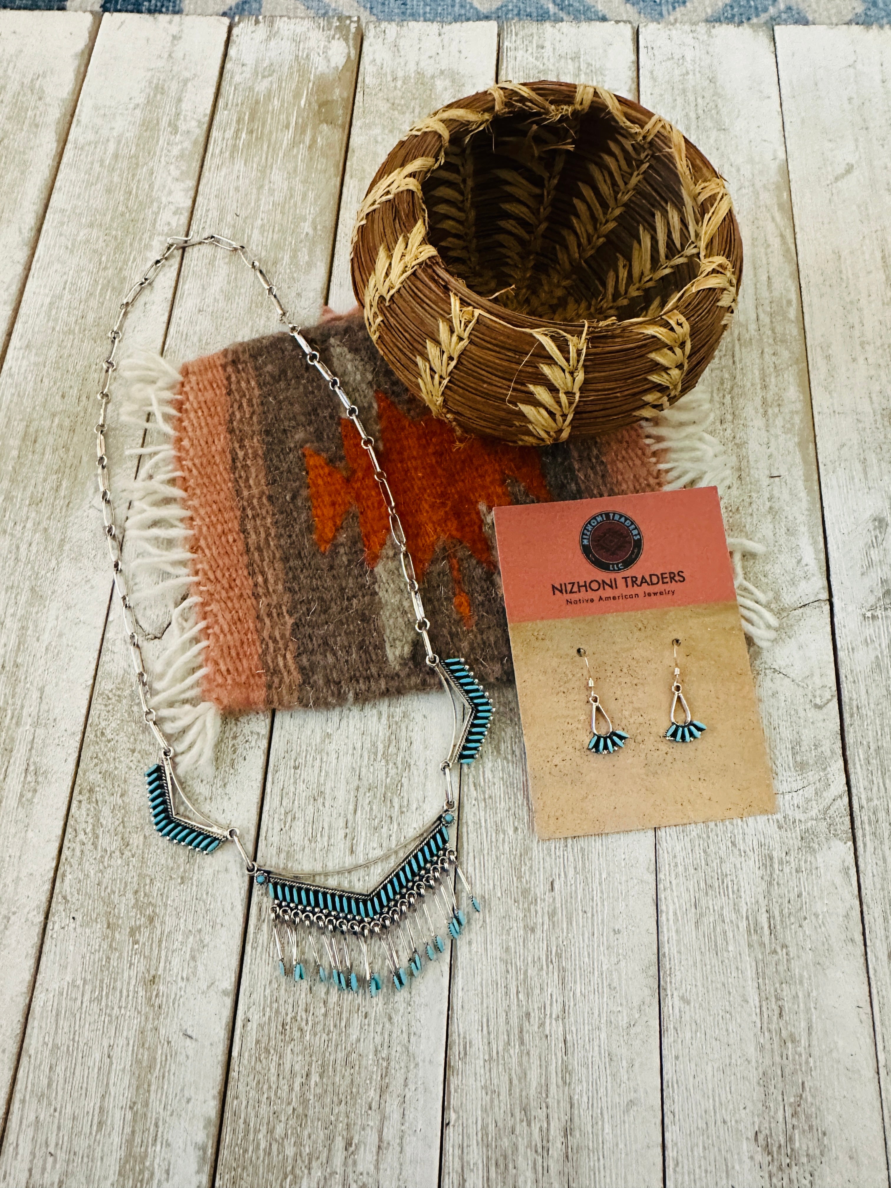 Handcrafted Sterling Silver & Turquoise Needlepoint Necklace Set