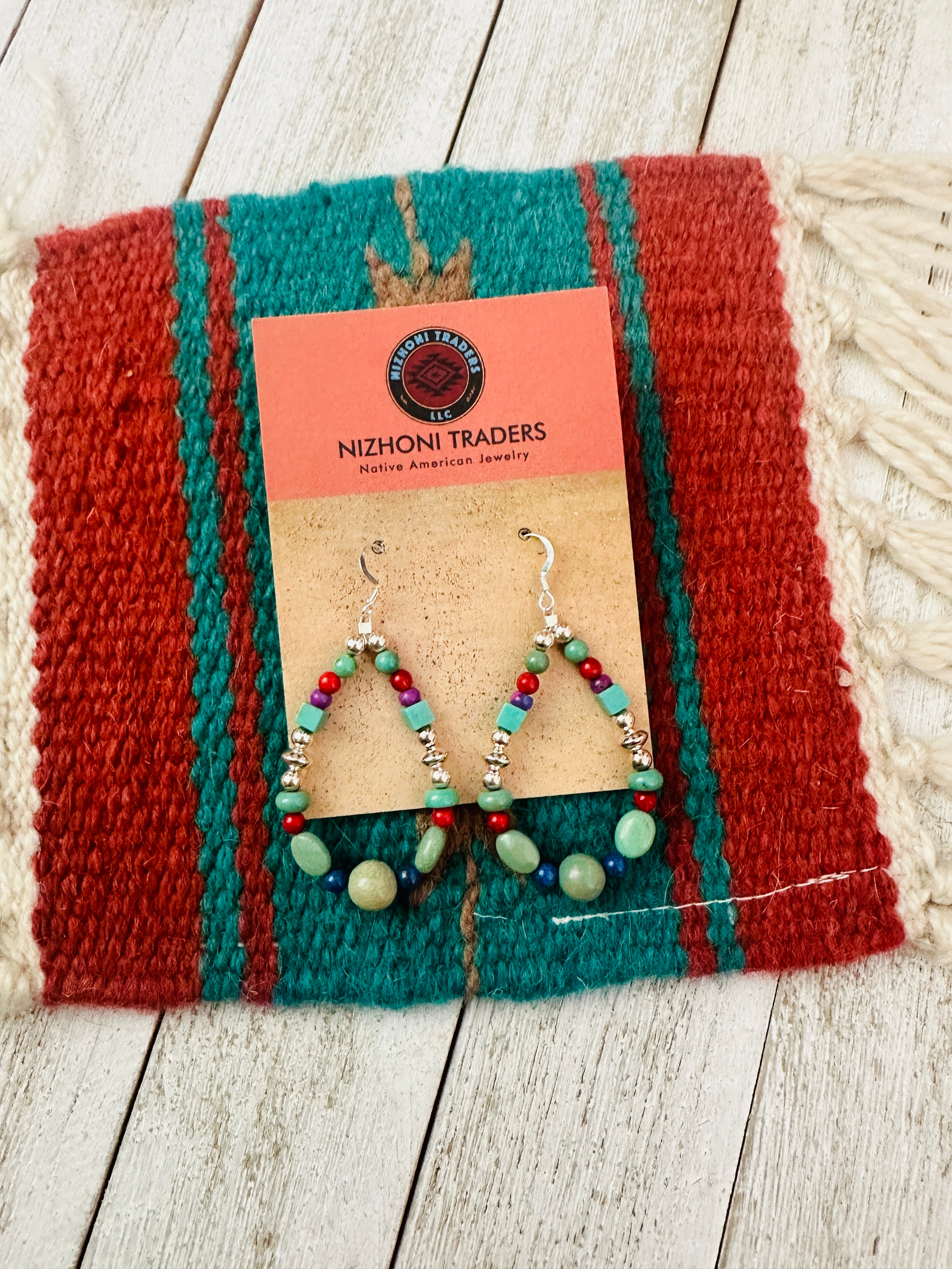 Navajo Multi Stone & Sterling Silver Dangle Hoop Earrings