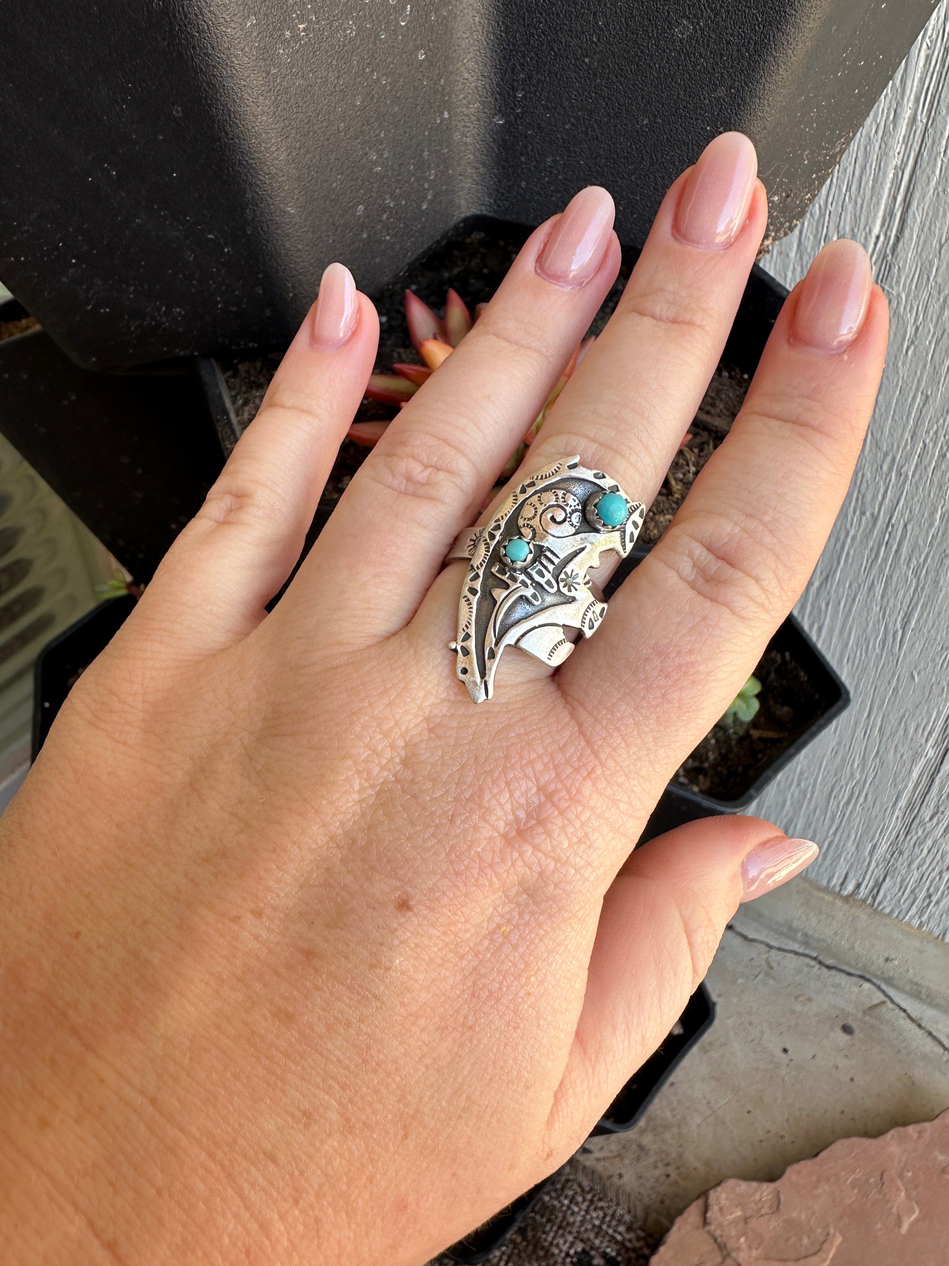 Beautiful Handmade Turquoise And Sterling Silver Adjustable 2 Stone Mosaic Ring