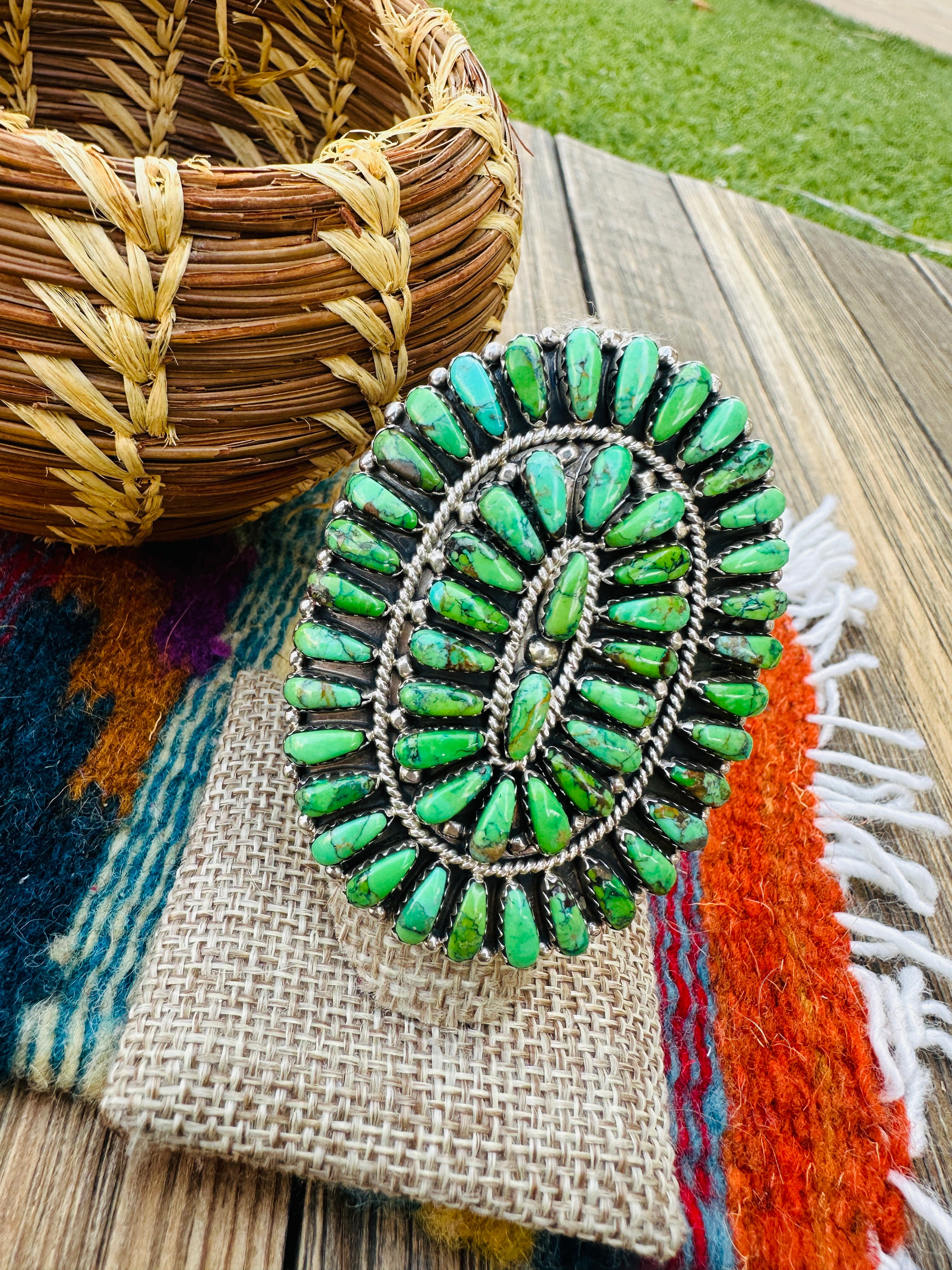 Handcrafted Green Turquoise & Sterling Silver Cluster Adjustable Ring