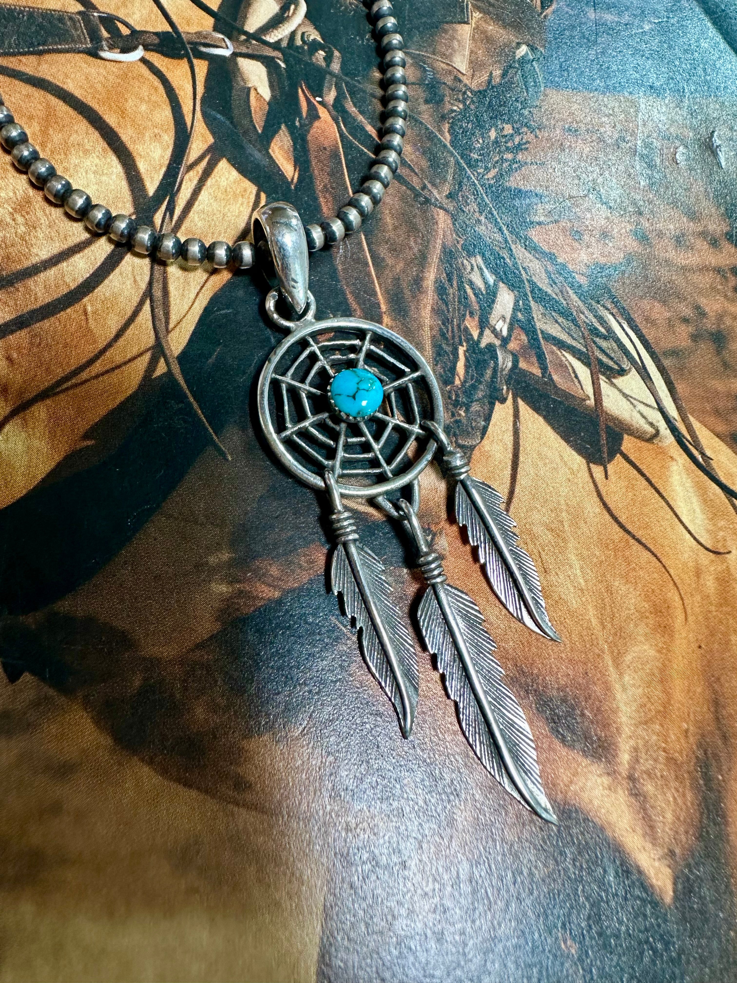 Beautiful Handmade Sterling Silver & Turquoise Dream Catcher pendant