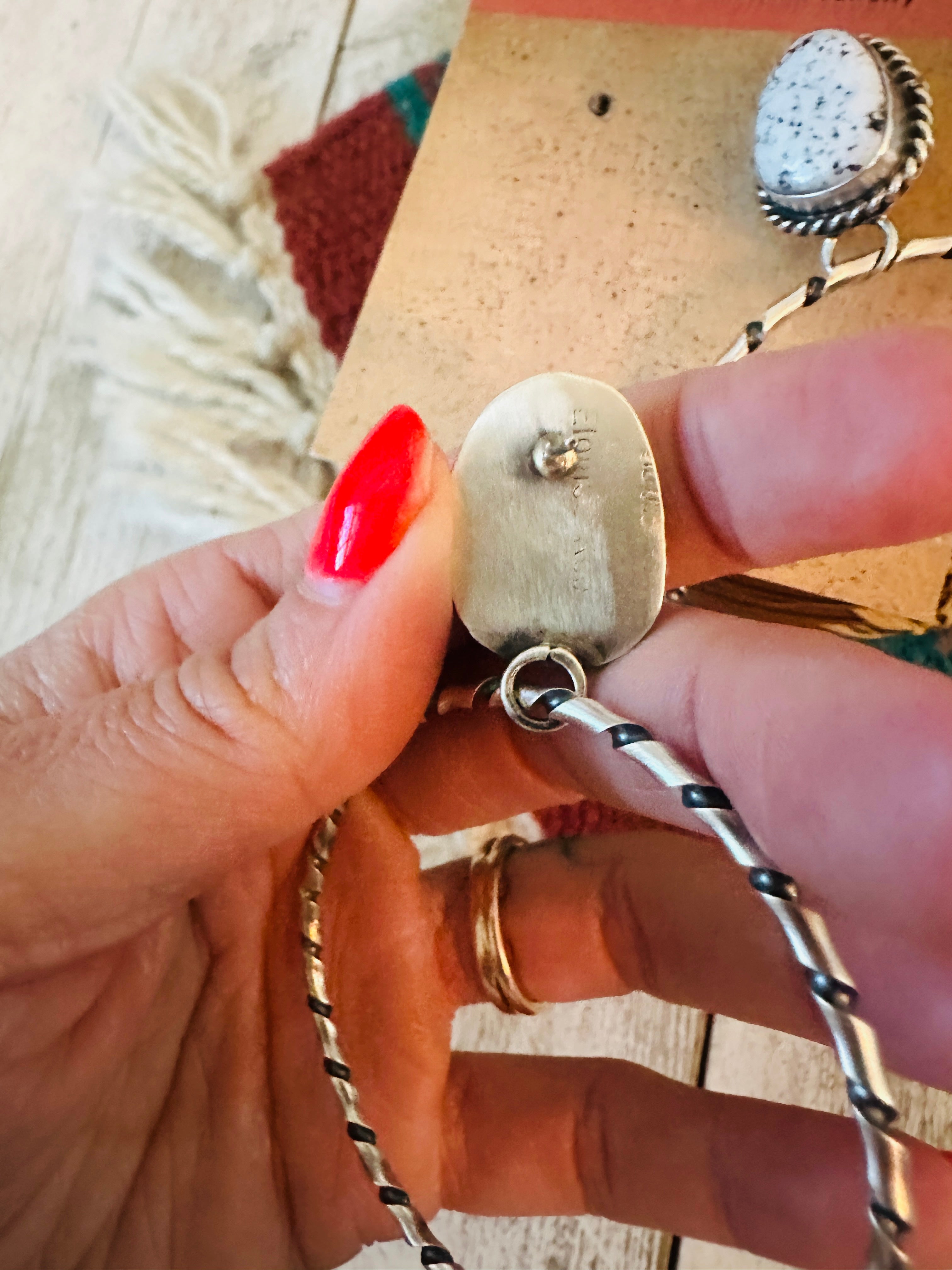 Navajo White Buffalo and Sterling Silver Dangle Hoop Earrings