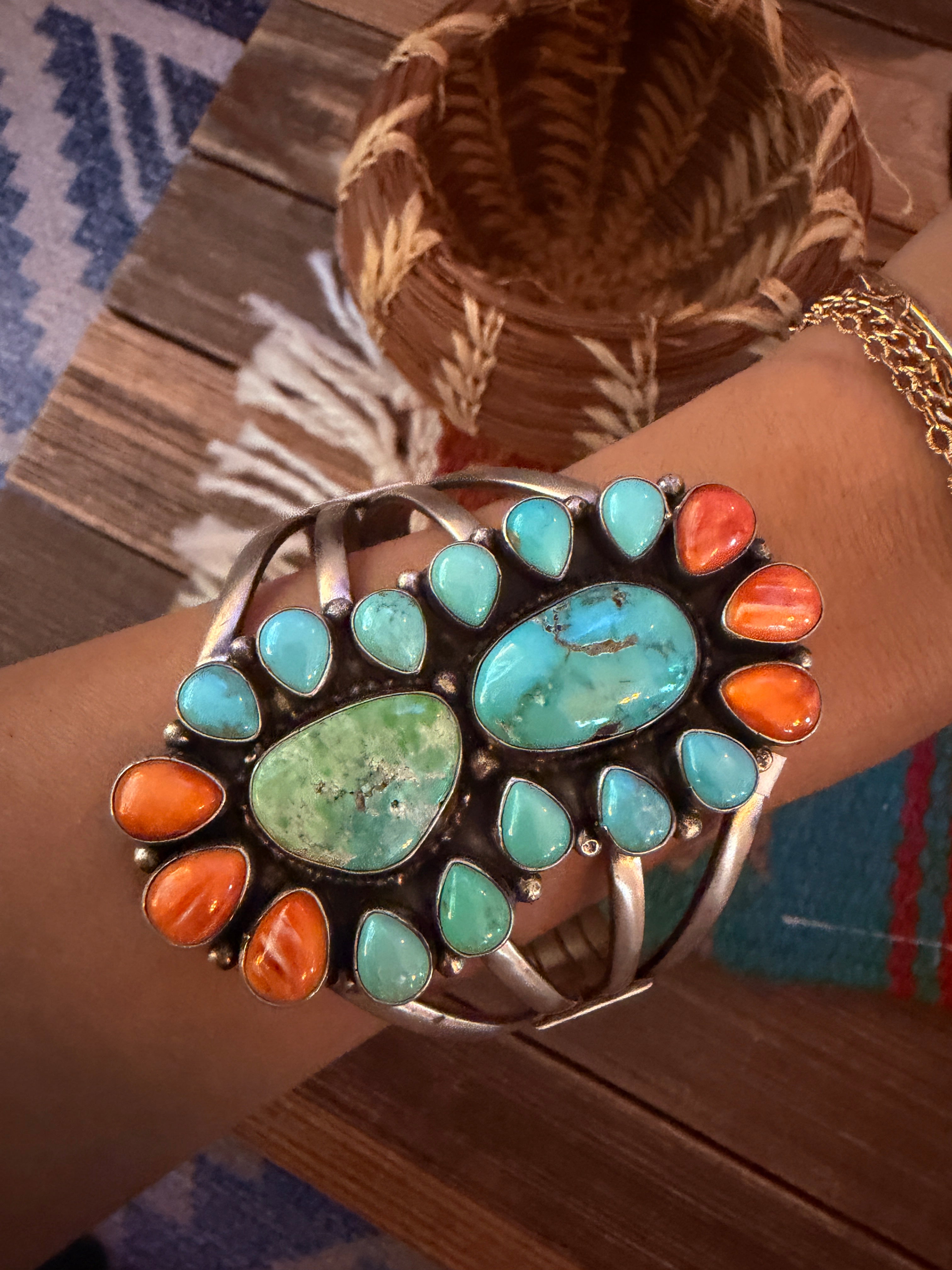 Handcrafted Turquoise, Orange Spiny & Sterling Silver Cuff Bracelet by Sheila Becenti