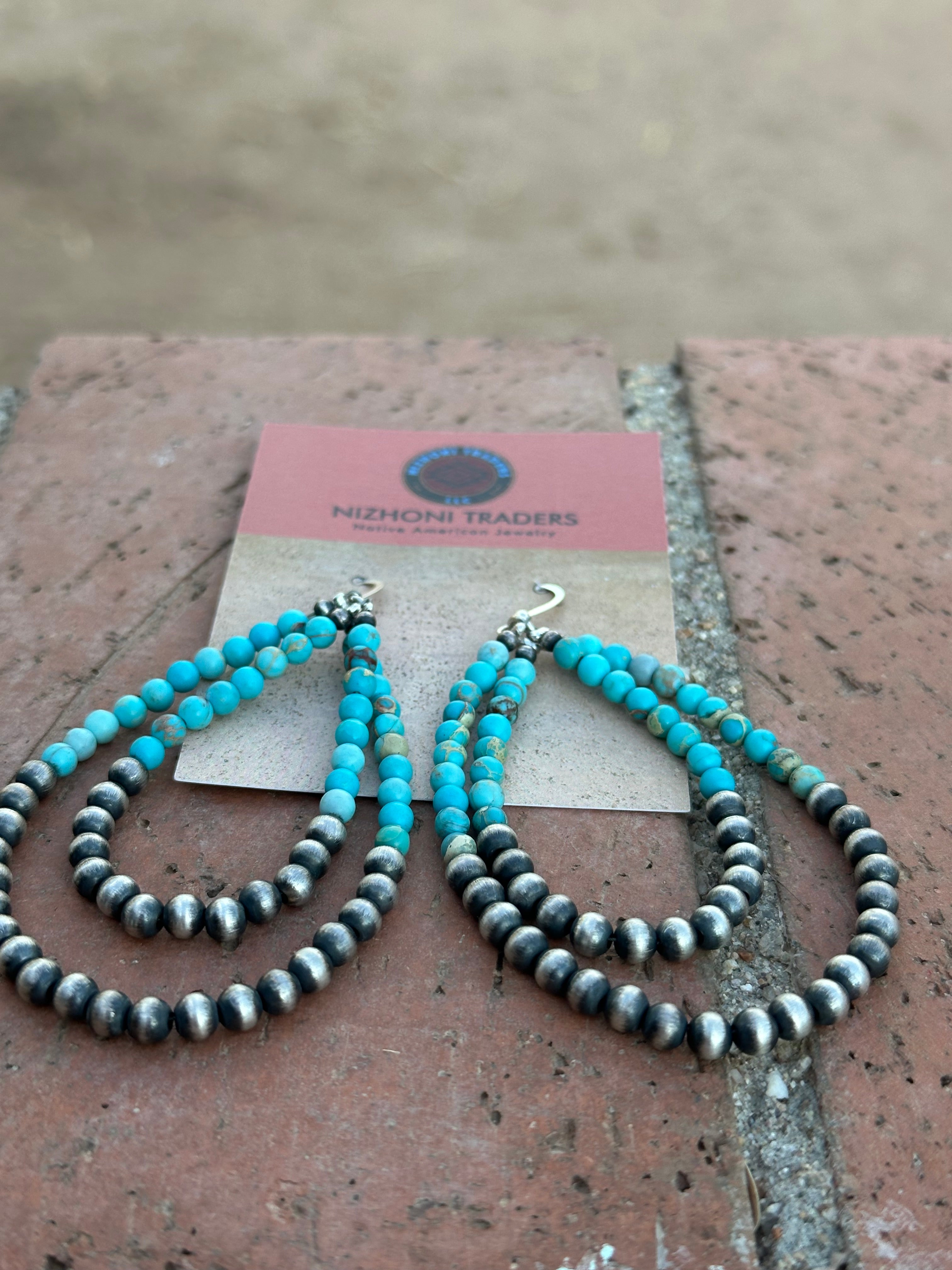 Navajo Turquoise & Sterling Silver Beaded Double Hoop Dangle Earrings