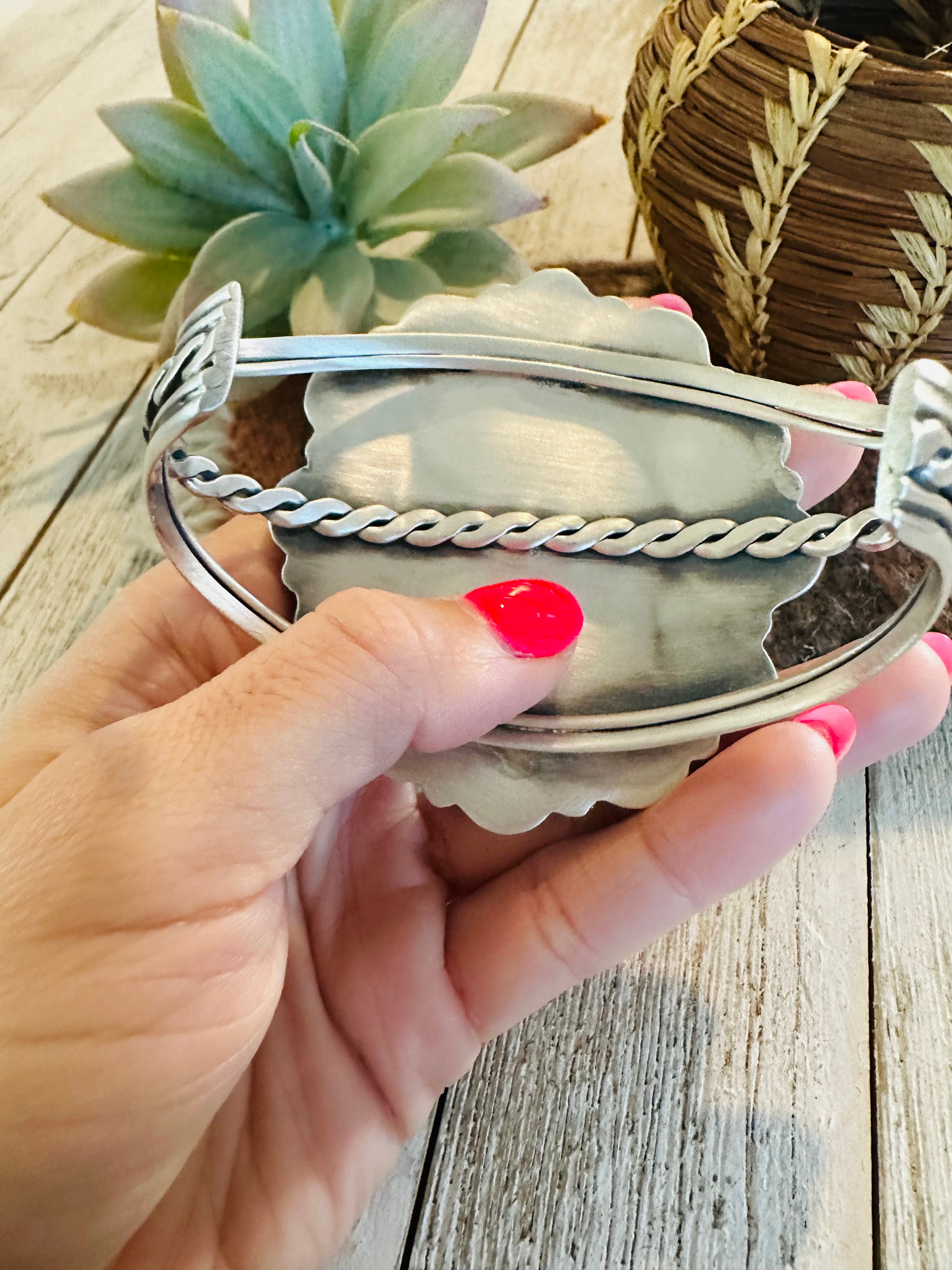 Navajo White Buffalo & Sterling Silver Cluster Cuff Bracelet