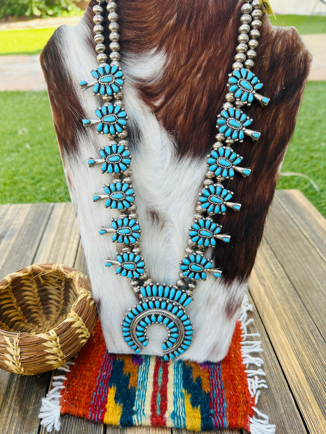 Old Pawn Handcrafted Turquoise & Sterling Silver Beaded Squash Blossom Necklace