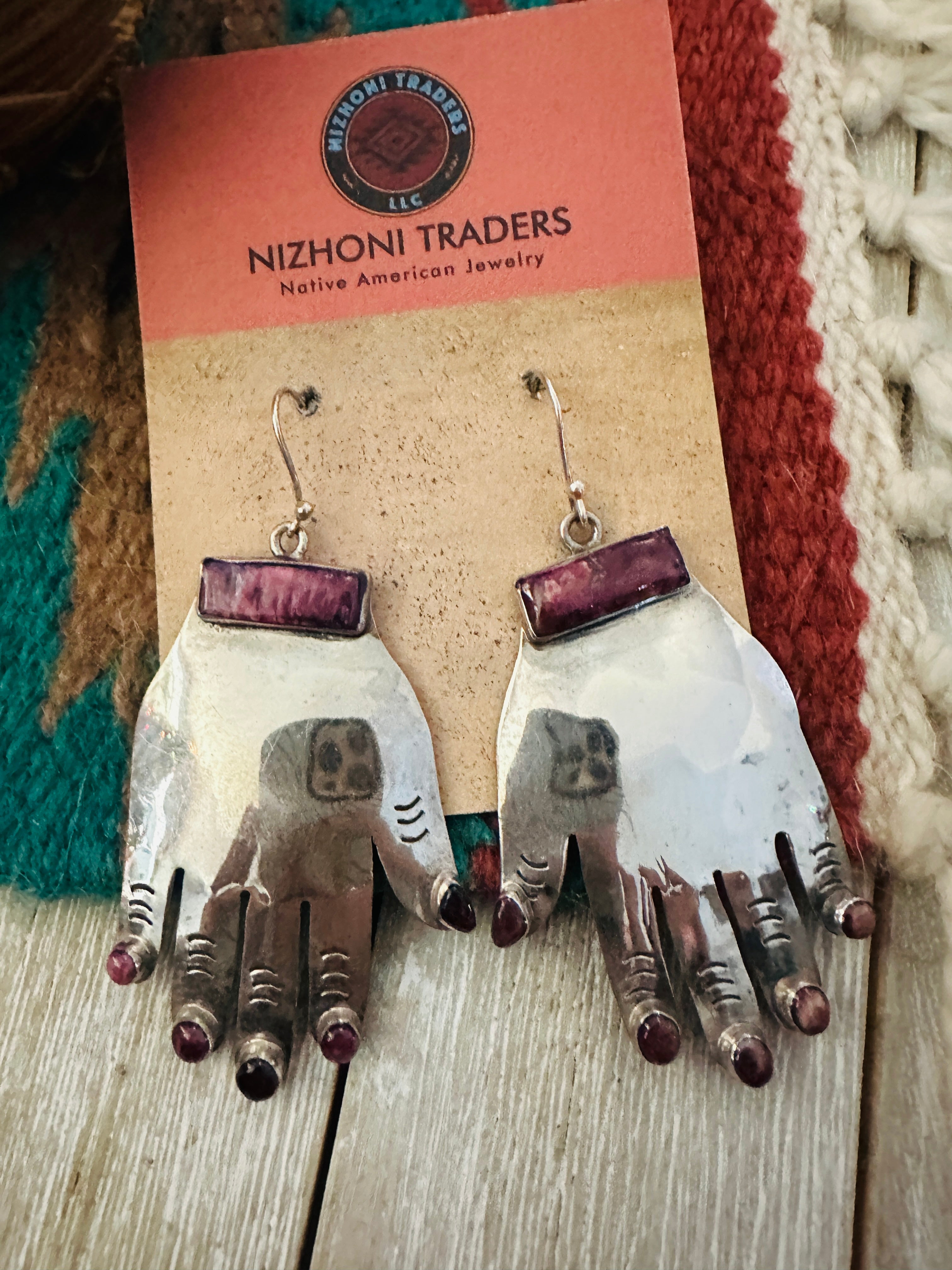 Handcrafted Purple Spiny & Sterling Silver Hand Dangle Earrings by Federico Jimenez