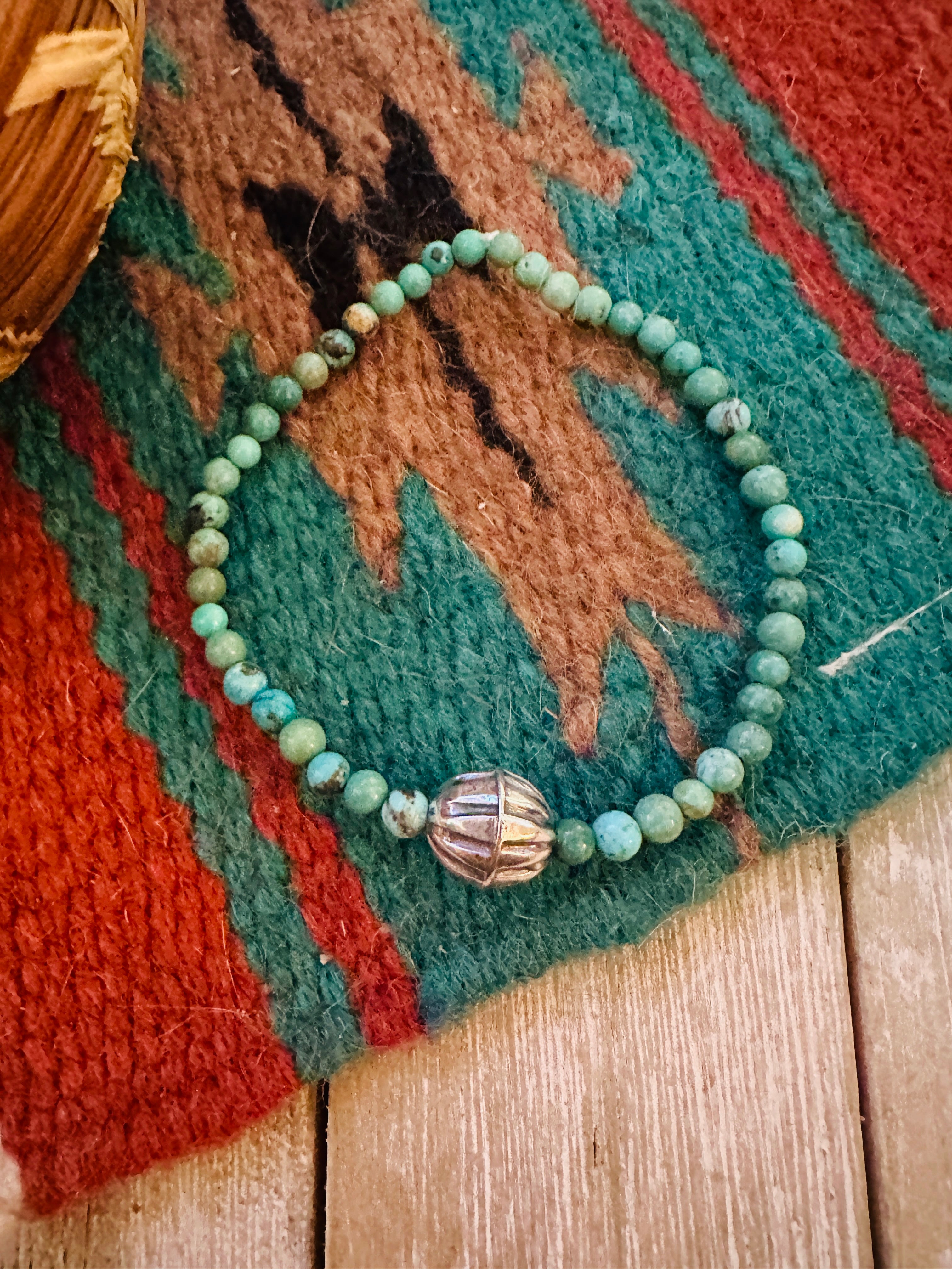 Handcrafted Turquoise & Sterling Silver Beaded Stretch Bracelet