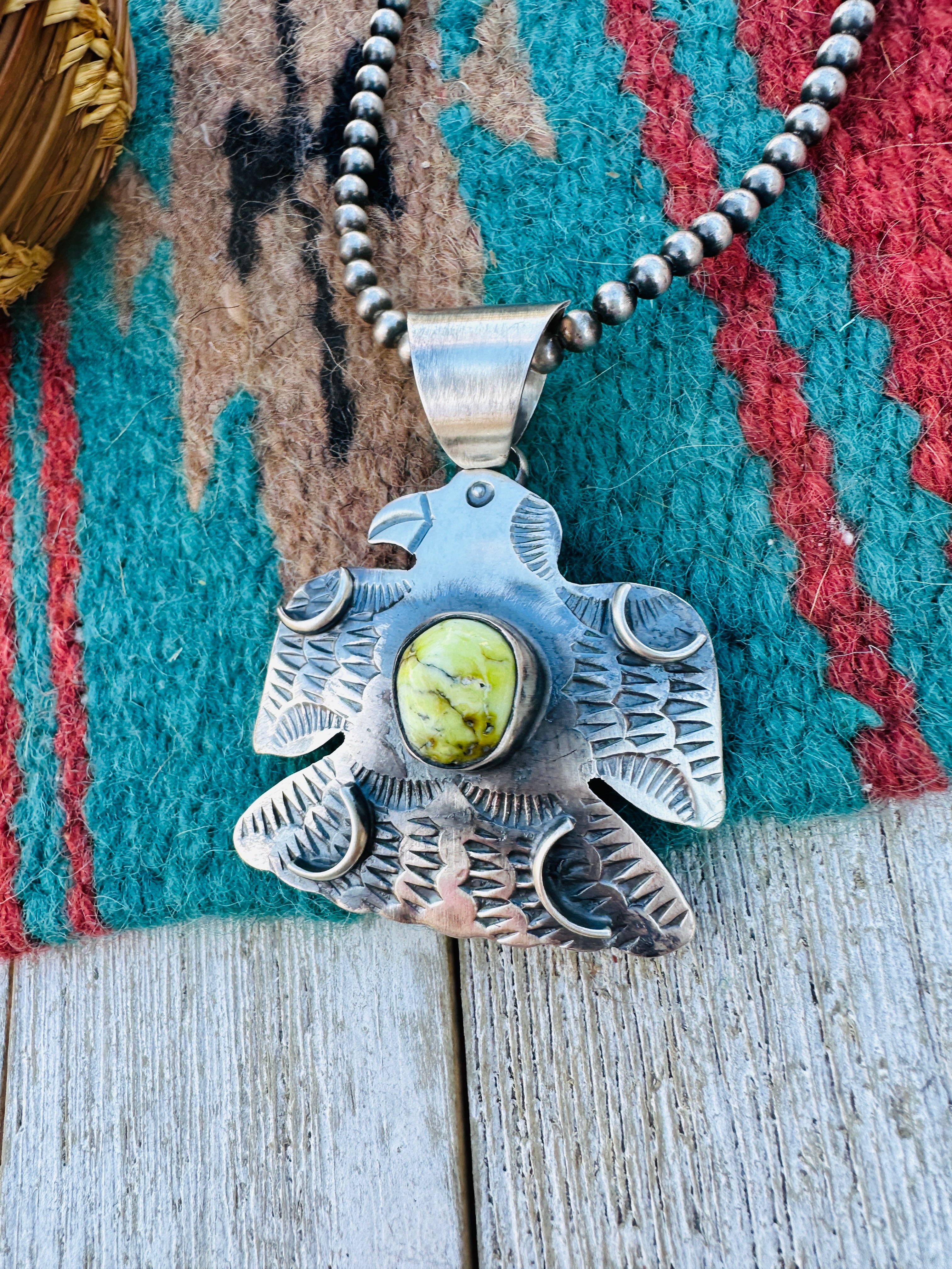 Handcrafted Sterling Silver & Palomino Turquoise Thunderbird Pendant by Chimney Butte