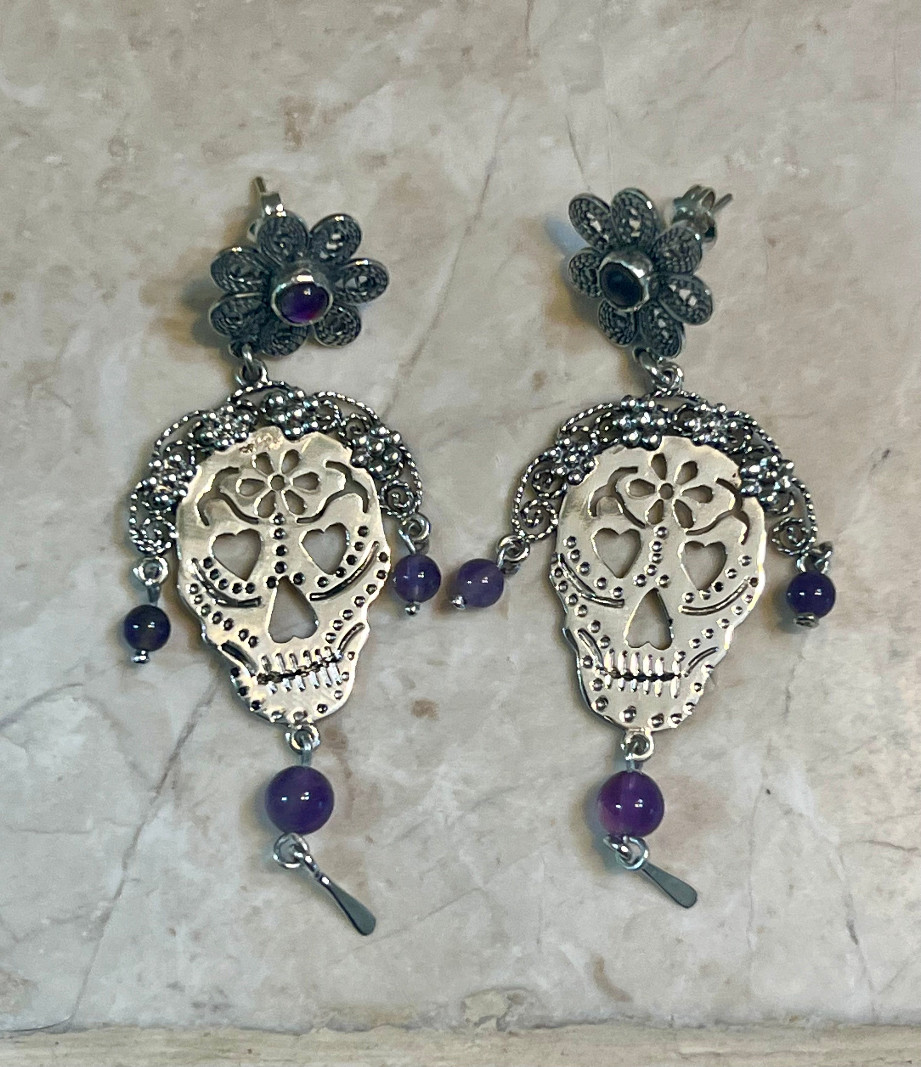 Sugar Skull with Purple Amethyst Sterling Silver Earrings