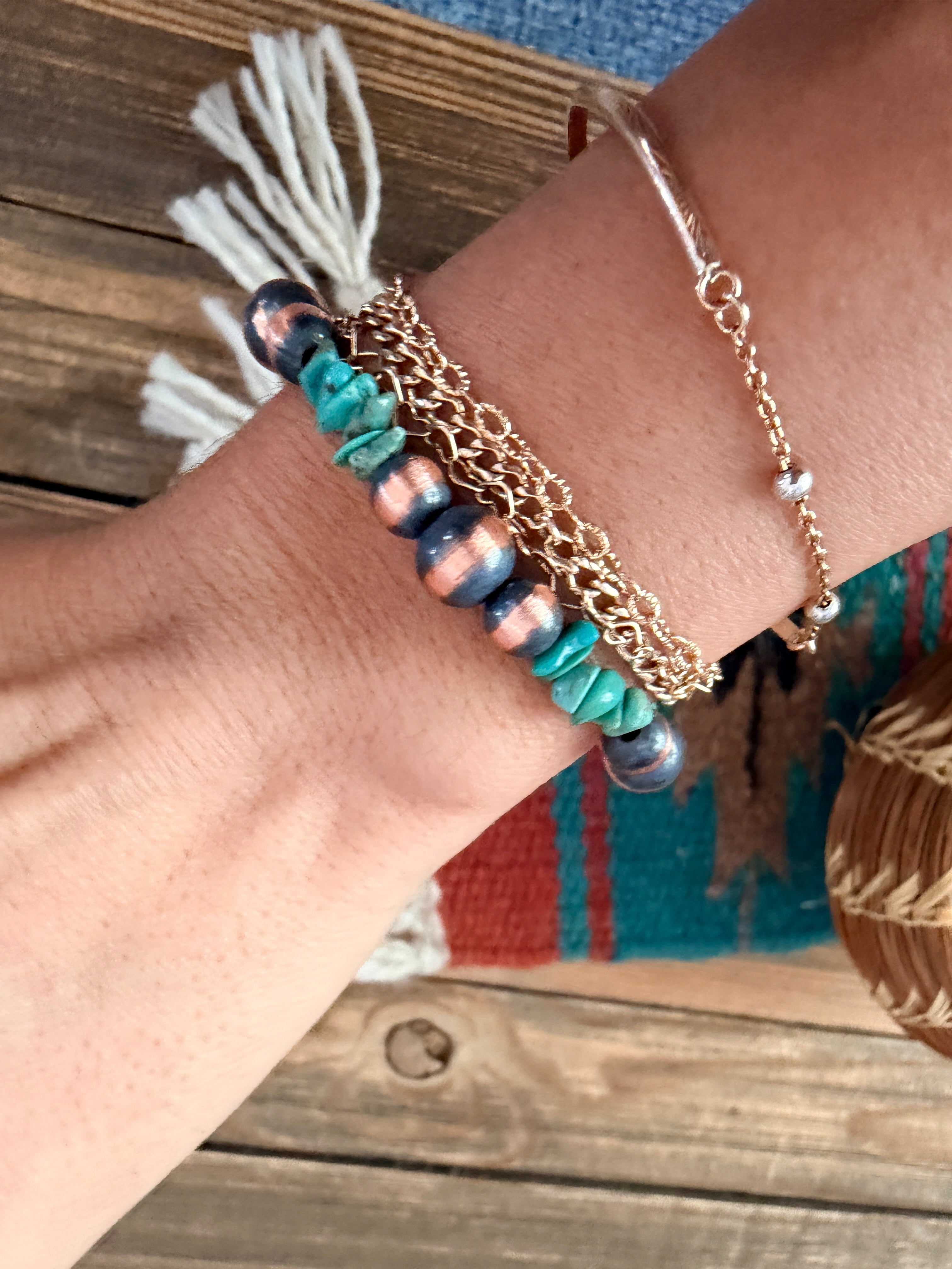 Handcrafted Turquoise & Copper Beaded Bracelet 7.5”