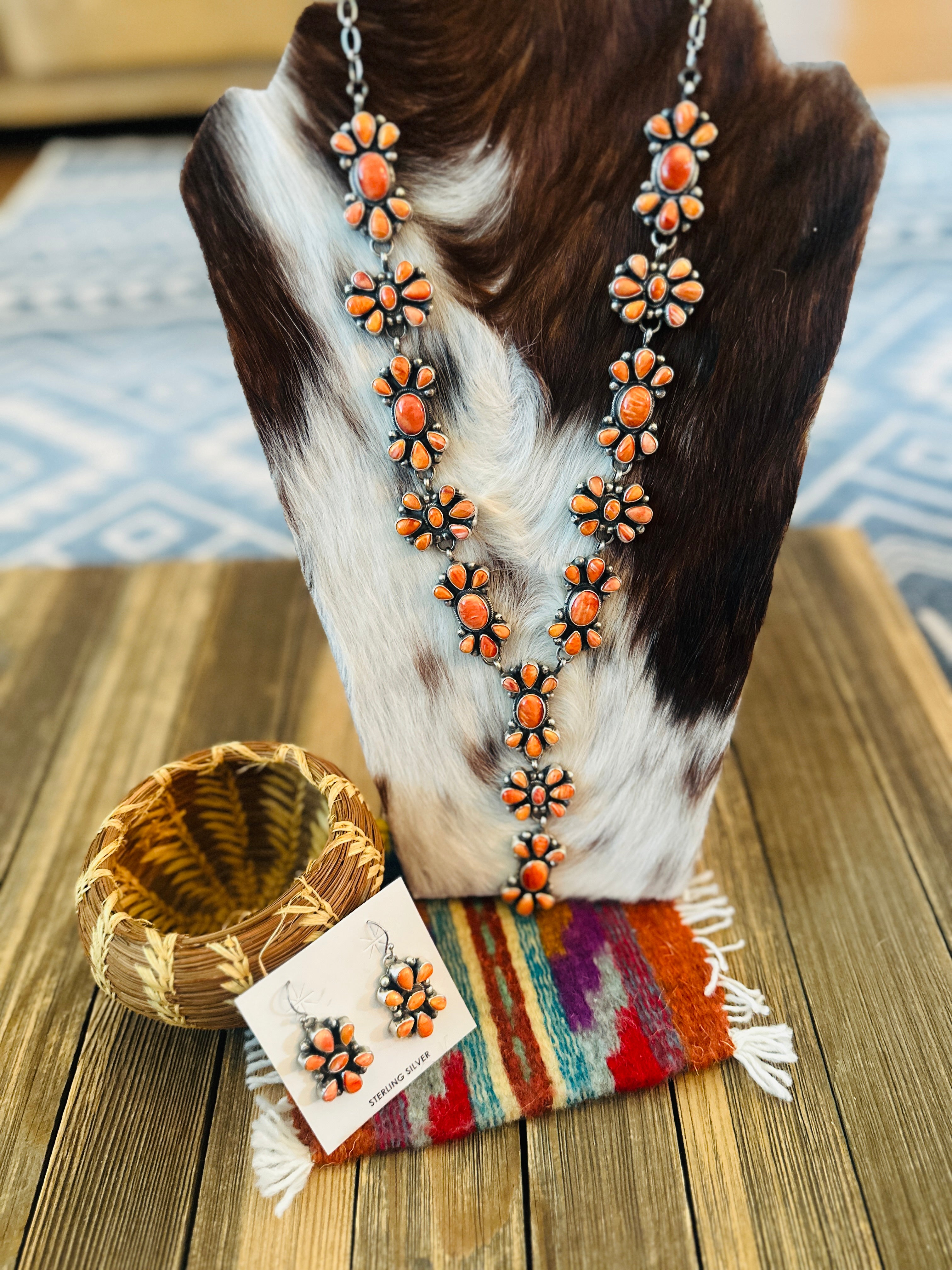 Handcrafted Orange Spiny Oyster & Sterling Silver Necklace and Earring Set by Sheila Becenti