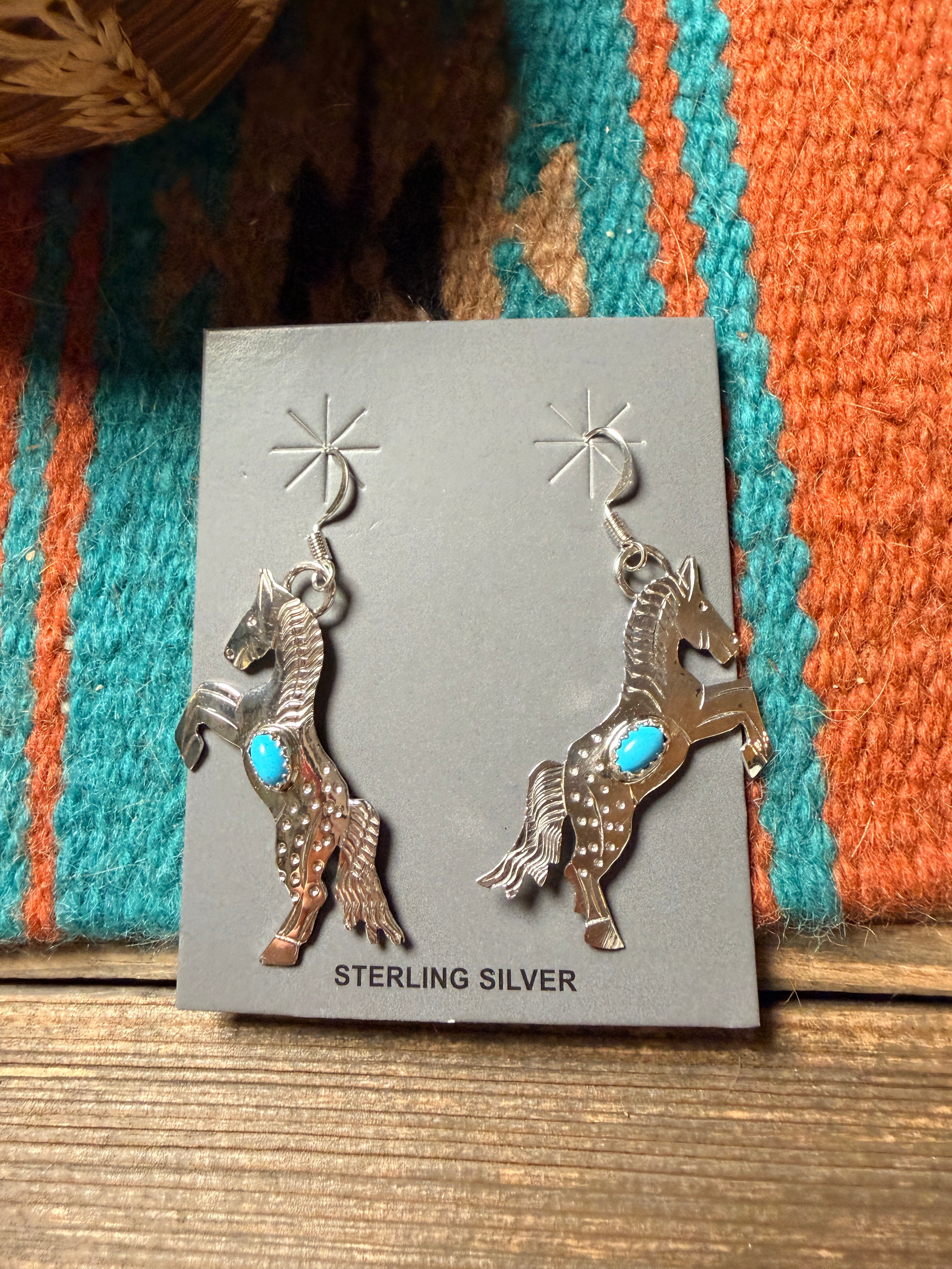 Handcrafted Turquoise & Sterling Silver Horse Dangle Earrings Signed