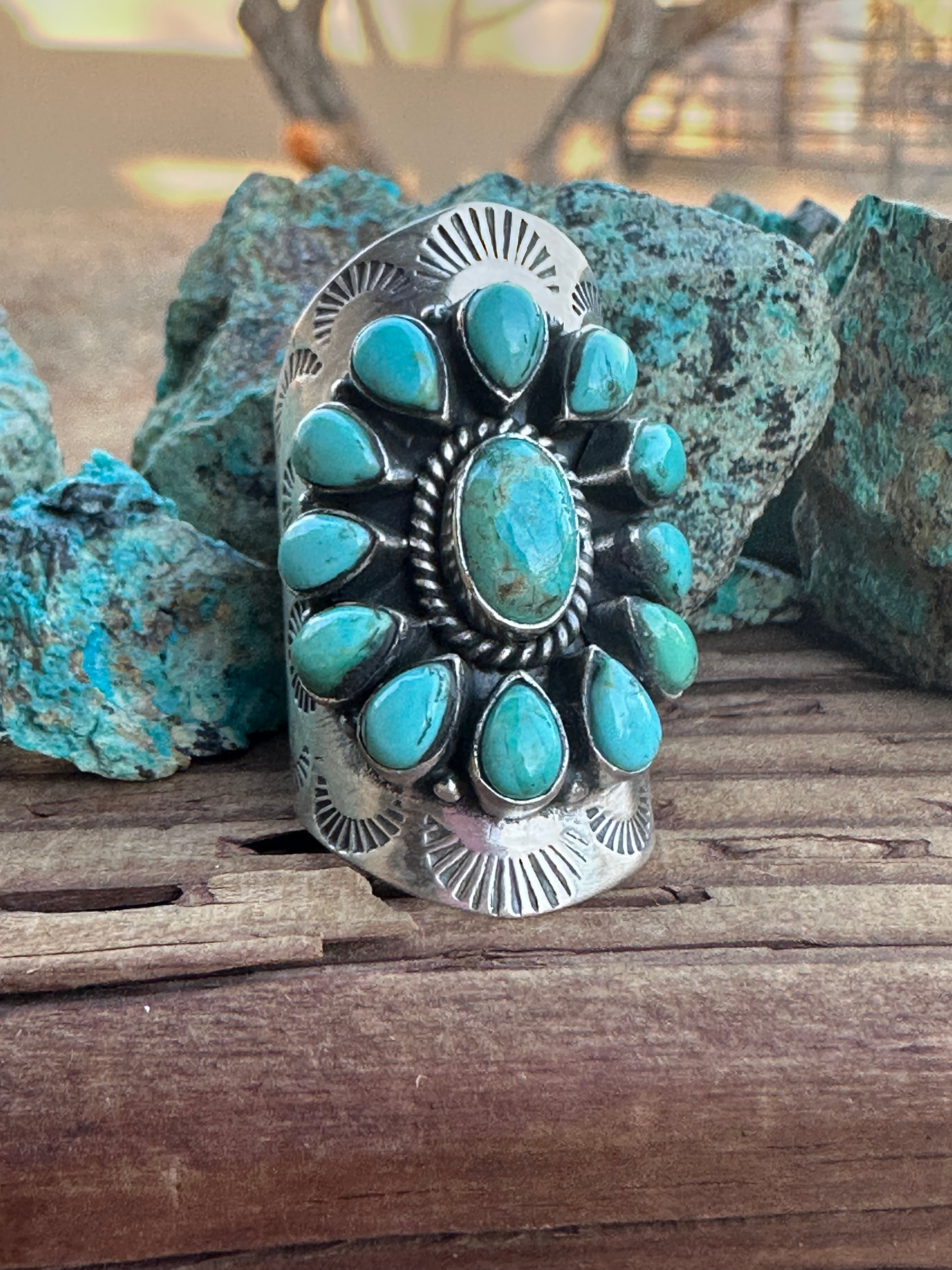 Handmade Emerald Valley Turquoise Cluster & Sterling Silver Cigar Band adjustable Ring