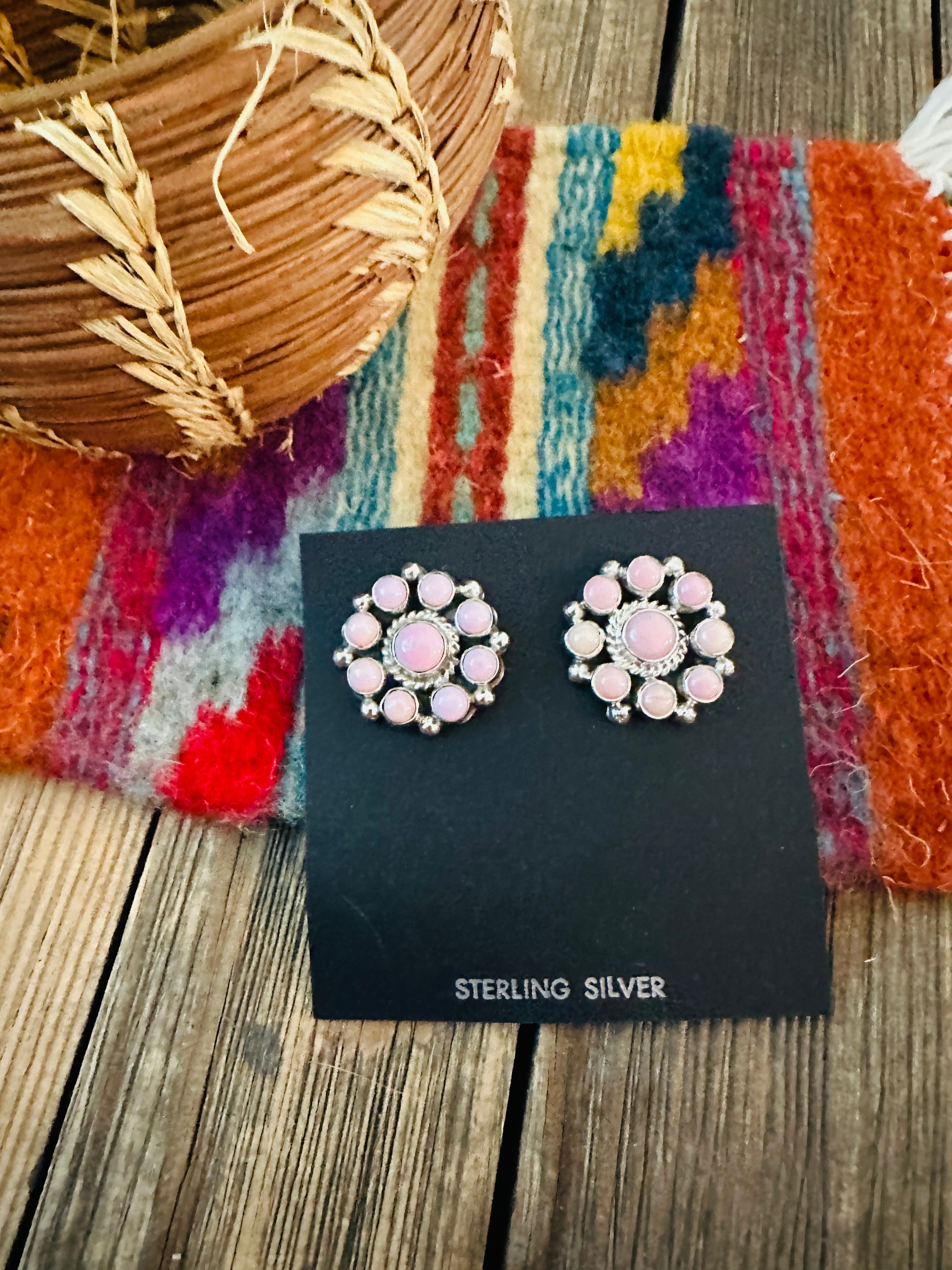 Handcrafted Queen Pink Conch & Sterling Silver Cluster Post Earrings by Debra Smith