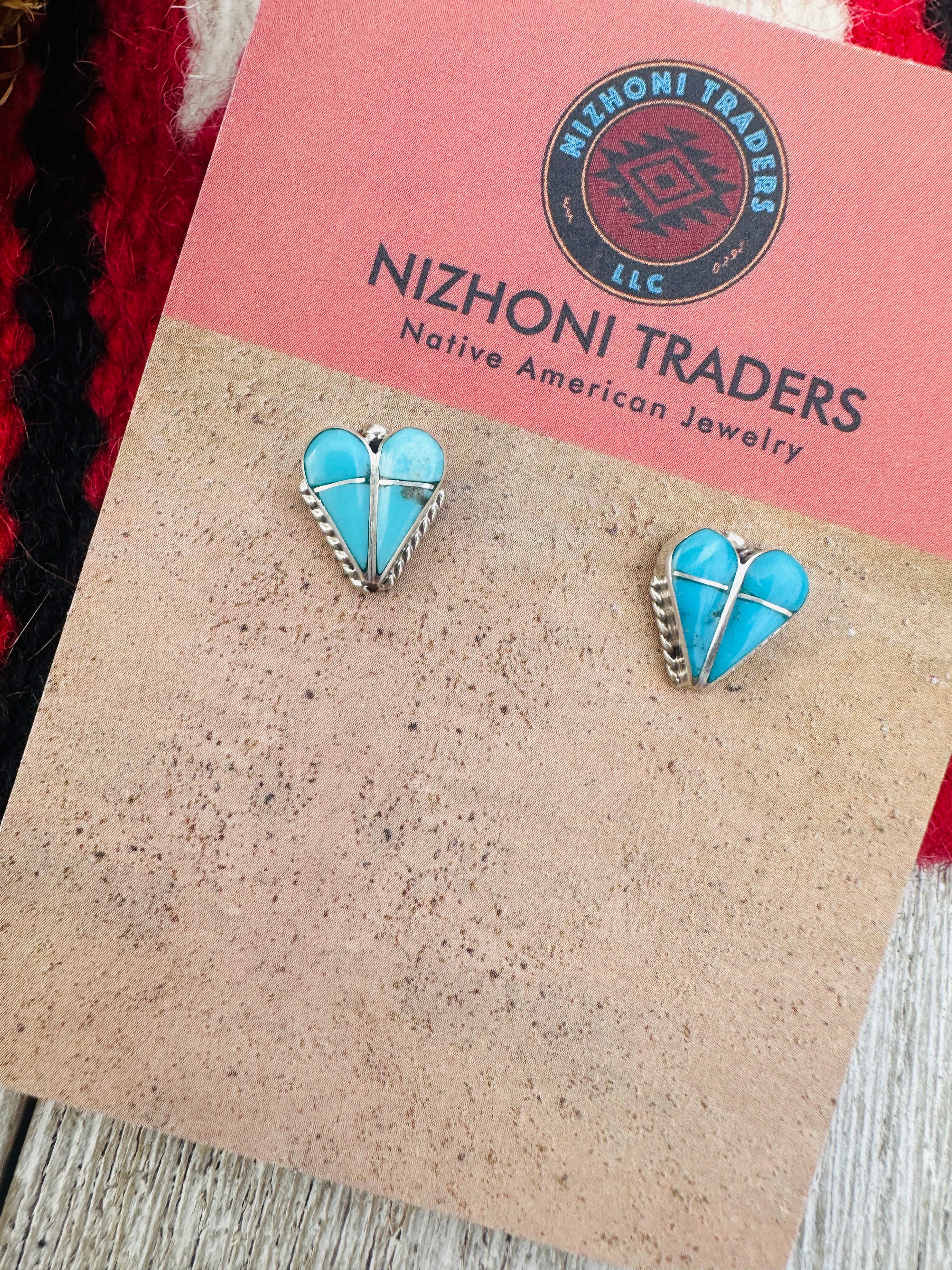 Handcrafted Turquoise & Sterling Silver Inlay Heart Stud Earrings