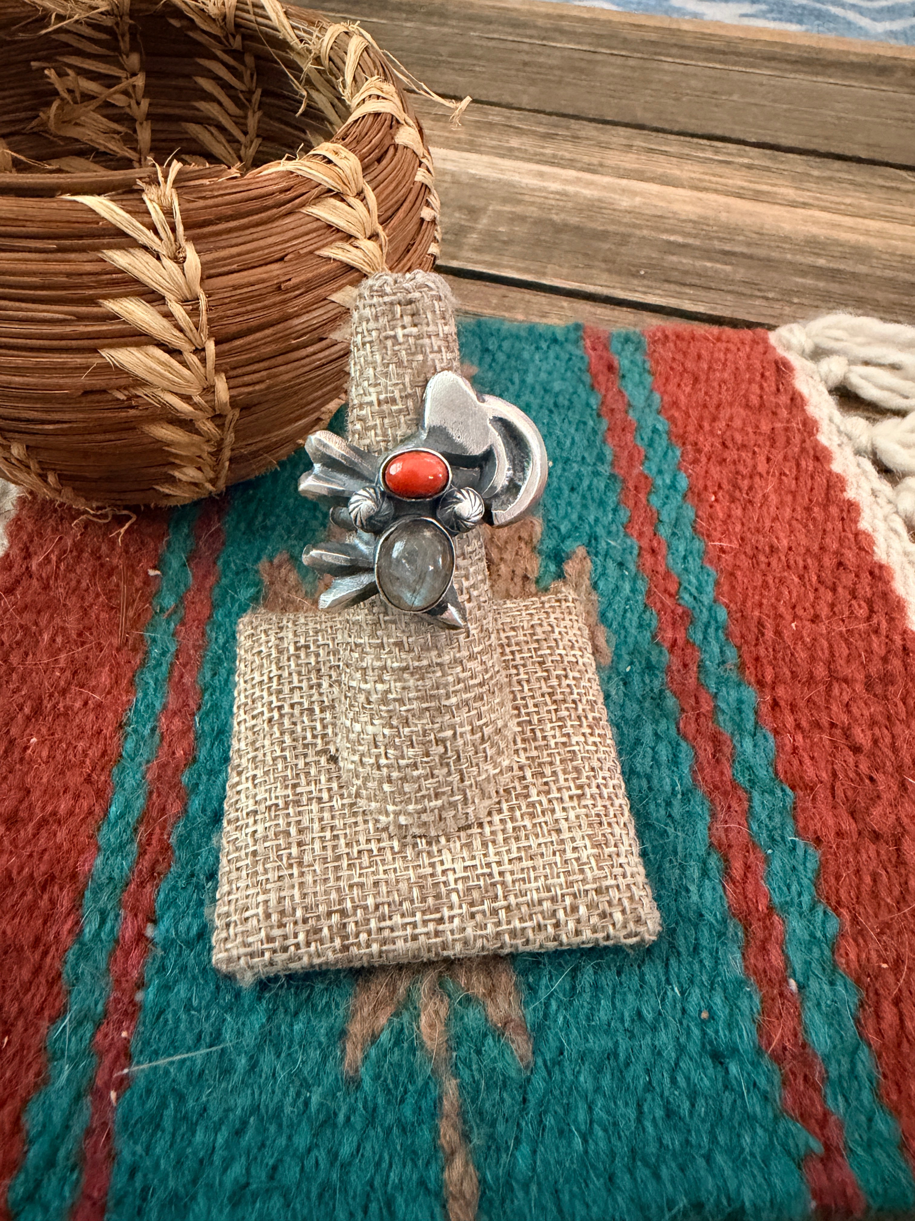 Handcrafted Coral, Moonstone and Sterling Silver Goat Ring size 6 by Chimney Butte