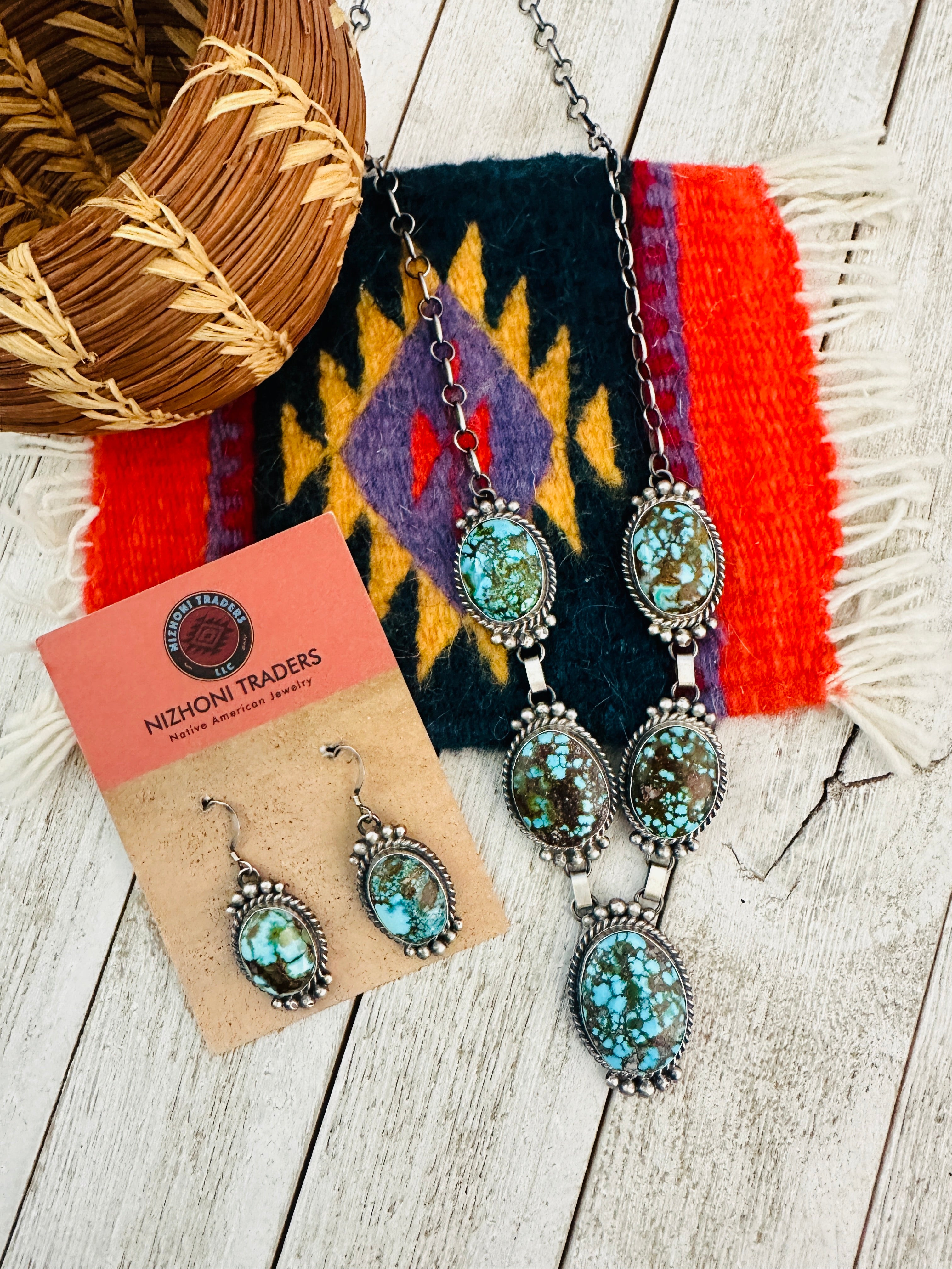 Navajo Sterling Silver & Kingman Web Turquoise Necklace Set