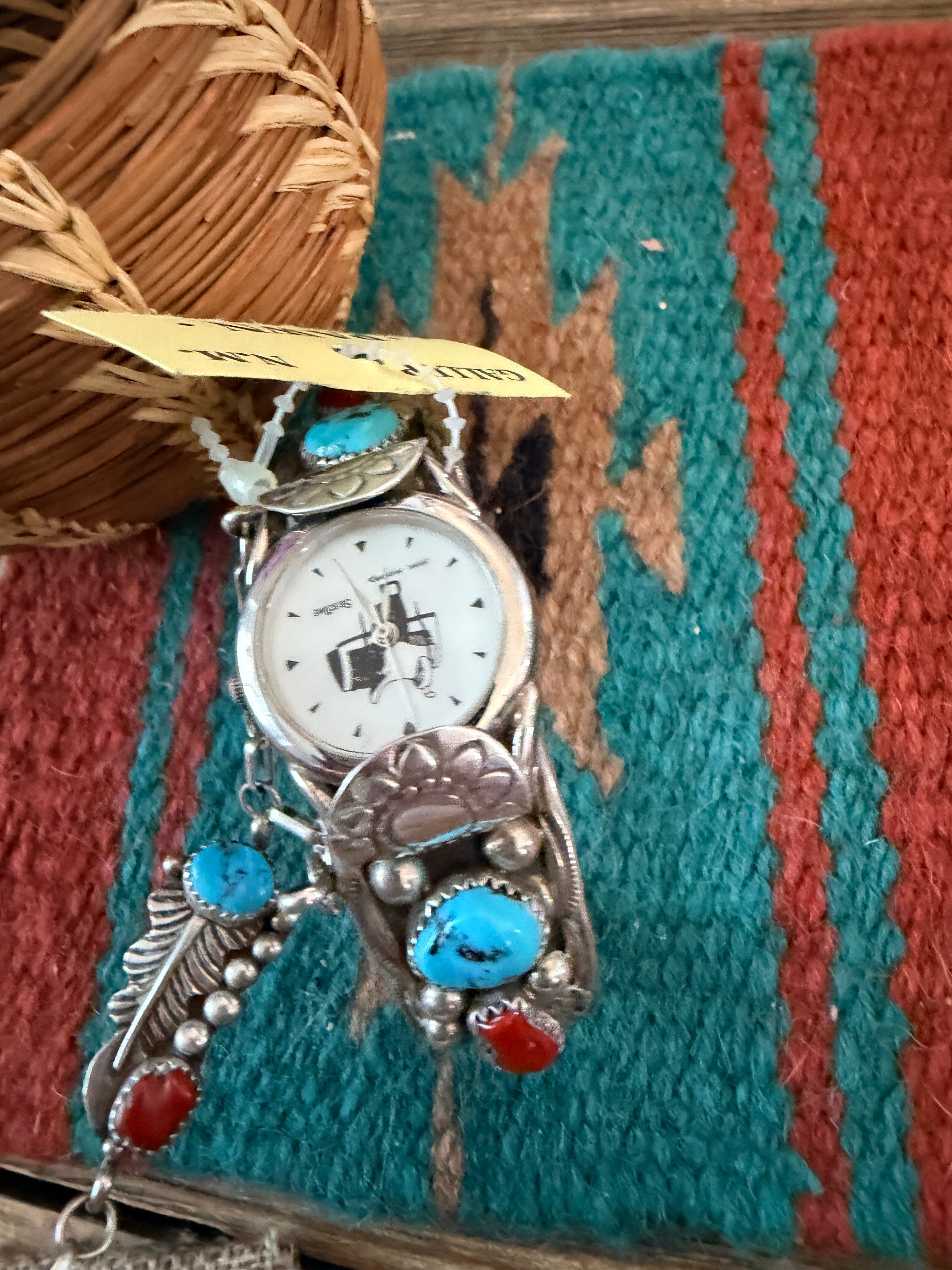 Handcrafted Old Pawn Turquoise, Coral & Sterling Silver Watch Cuff with Hand Chain