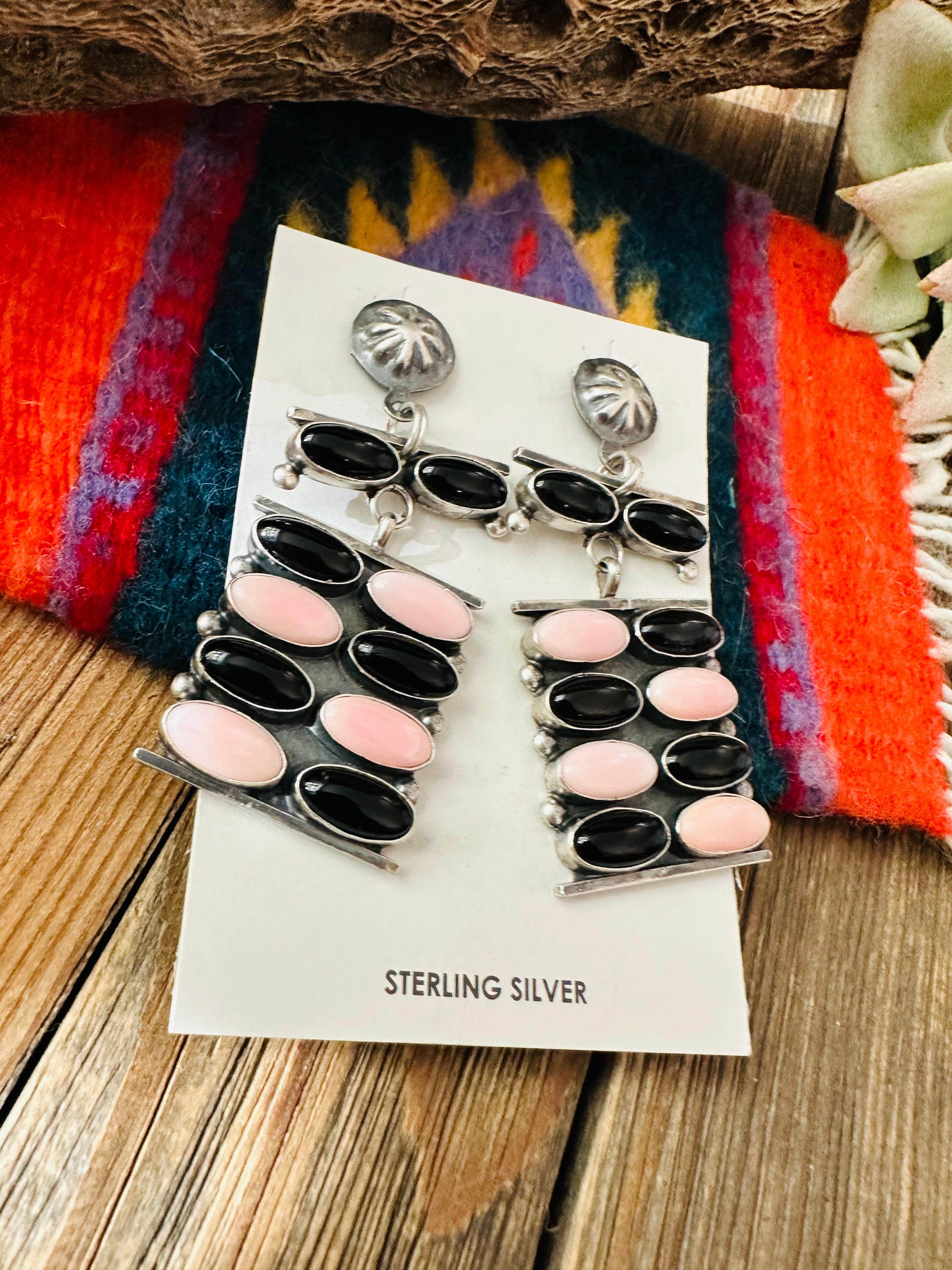 Navajo Queen Pink Conch, Onyx & Sterling Silver Dangle Earrings