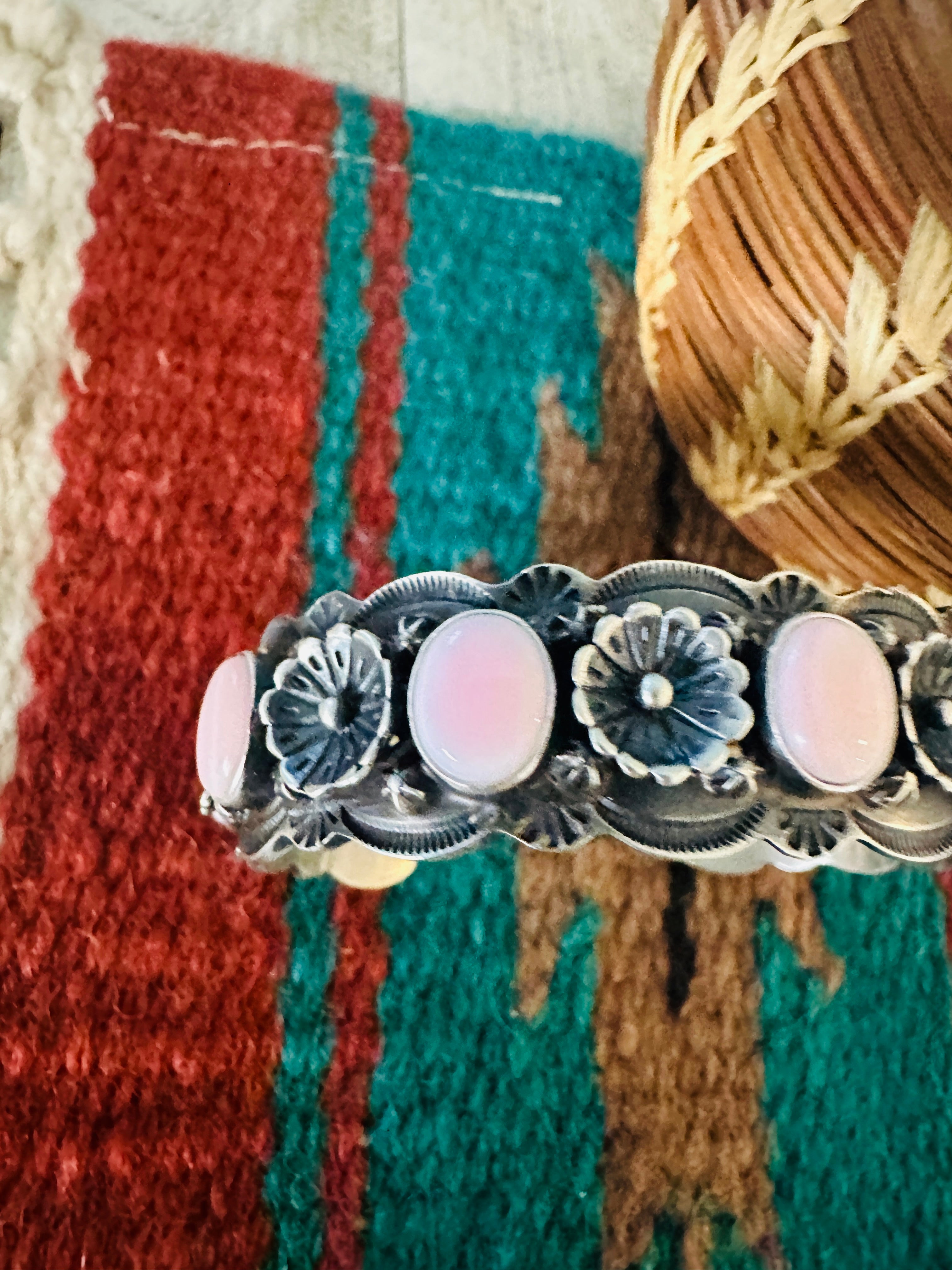 Navajo Queen Pink Conch & Sterling Silver Flower Cuff Bracelet