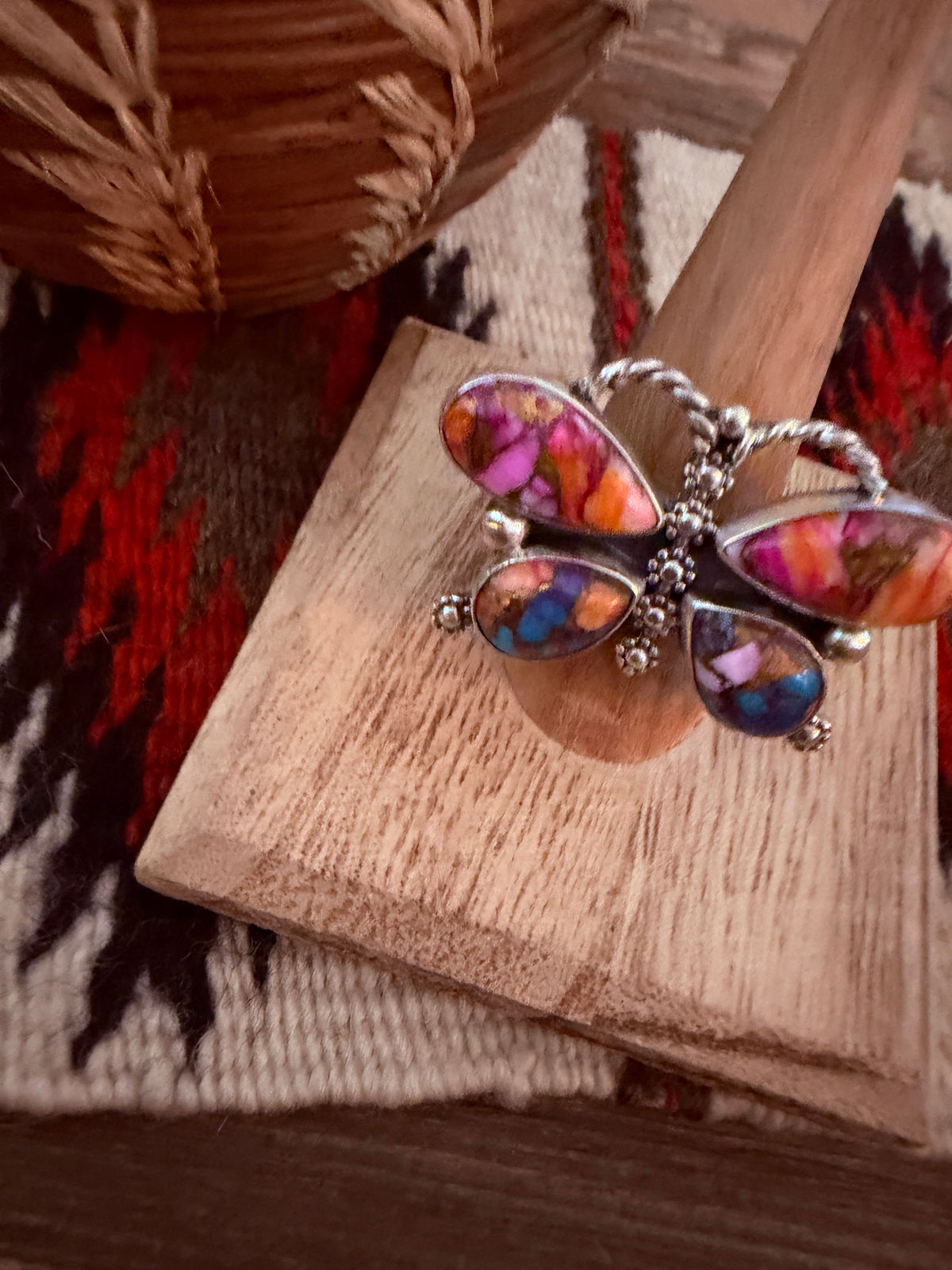 Handcrafted Pink Dream Mojave & Sterling Silver Adjustable Butterfly Ring