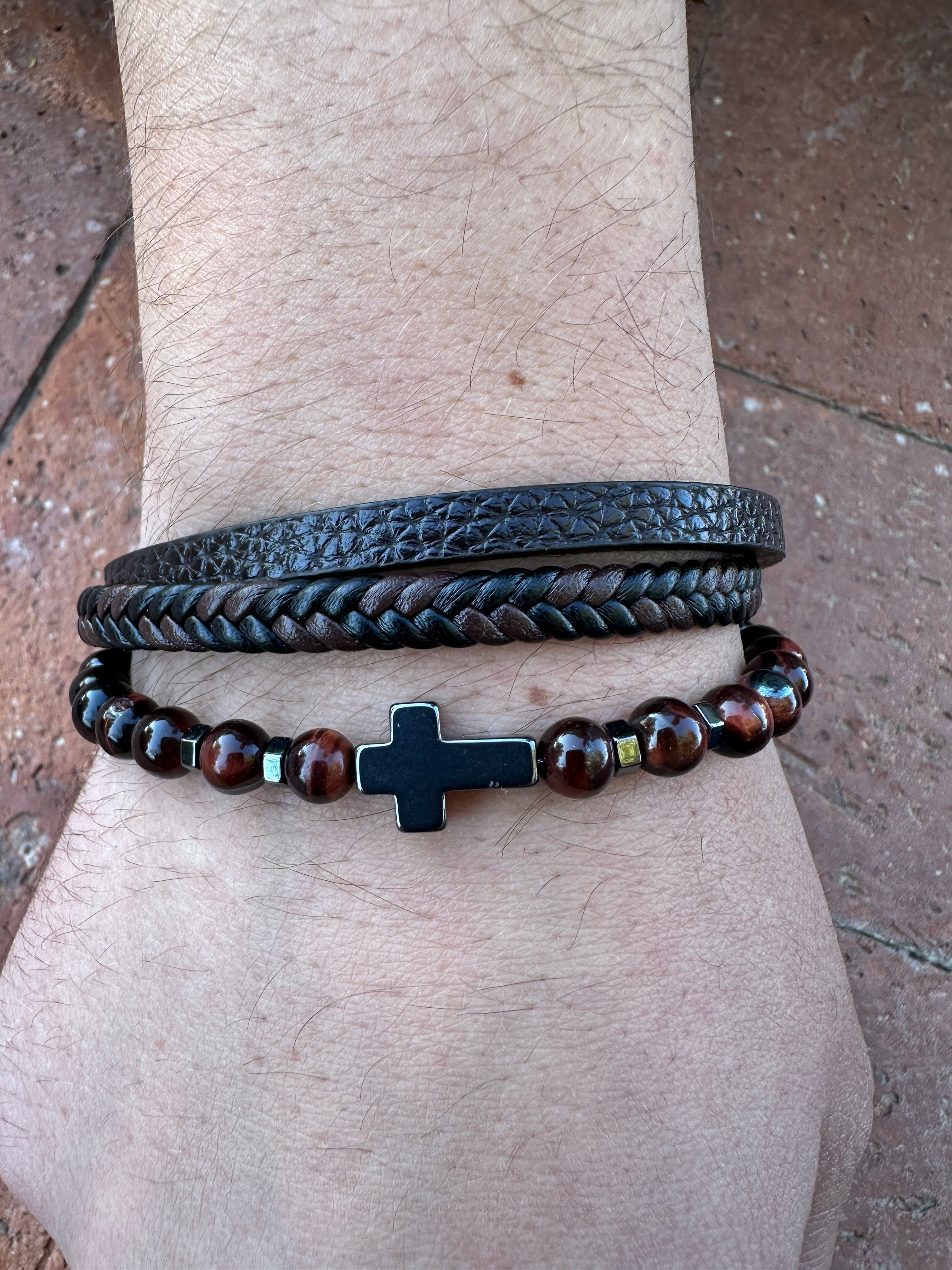 Tigers Eye Beaded Triple Wrap leather and Cross Bracelet