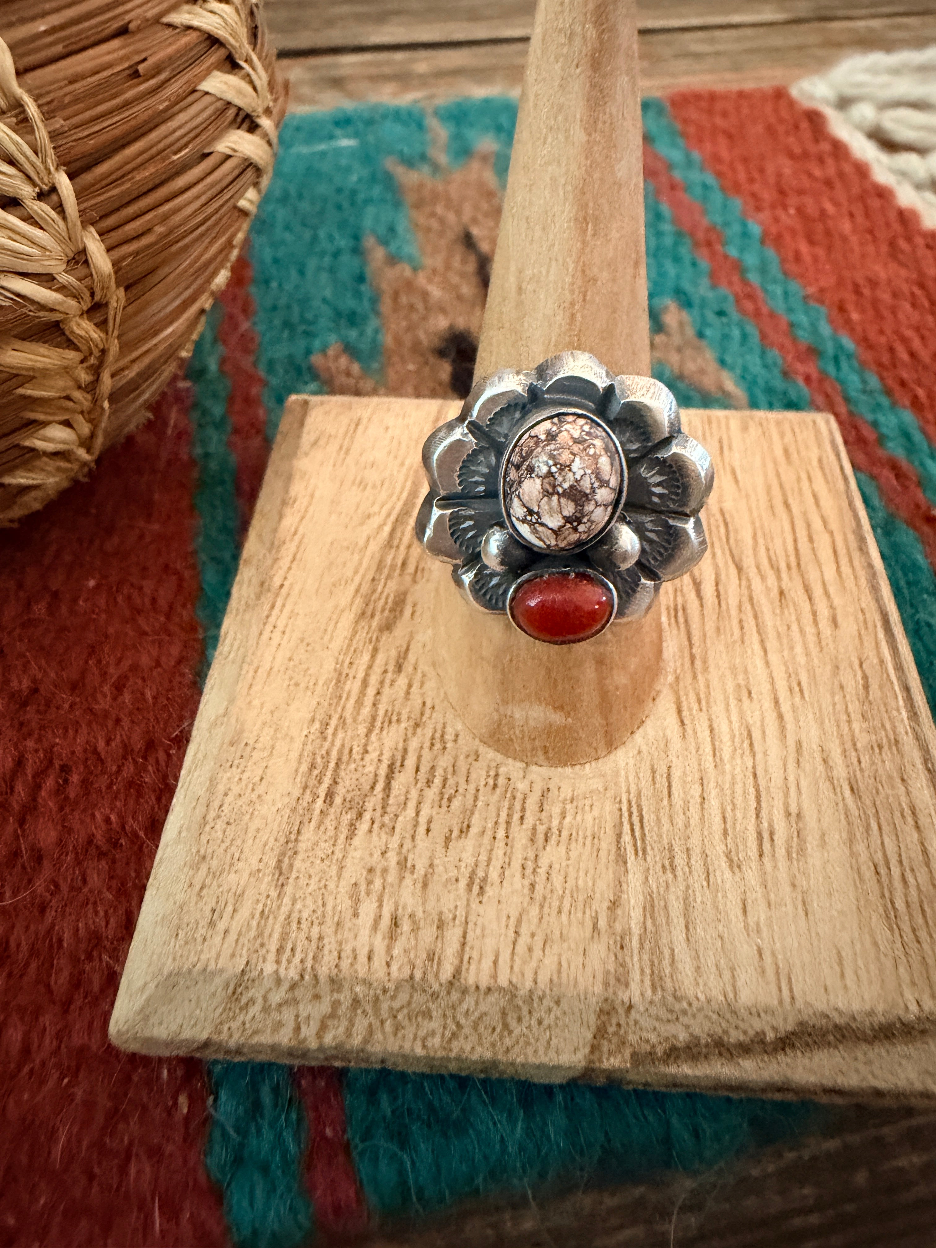 Handcrafted Coral, Wild Horse and Sterling Silver Flower Ring size 8 by Chimney Butte