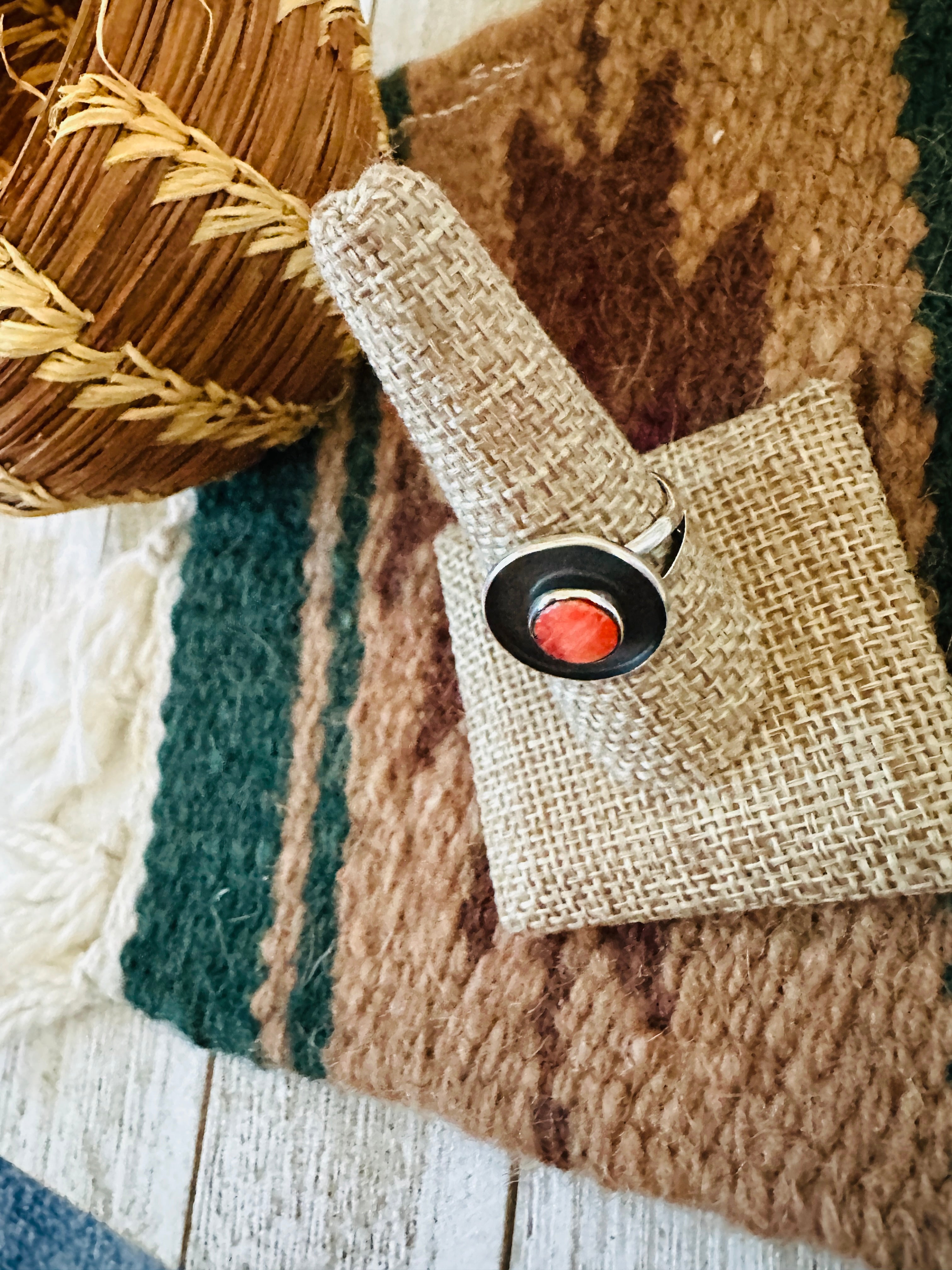 Handcrafted Old Pawn  Sterling Silver & Red Spiny Ring Size 9.25