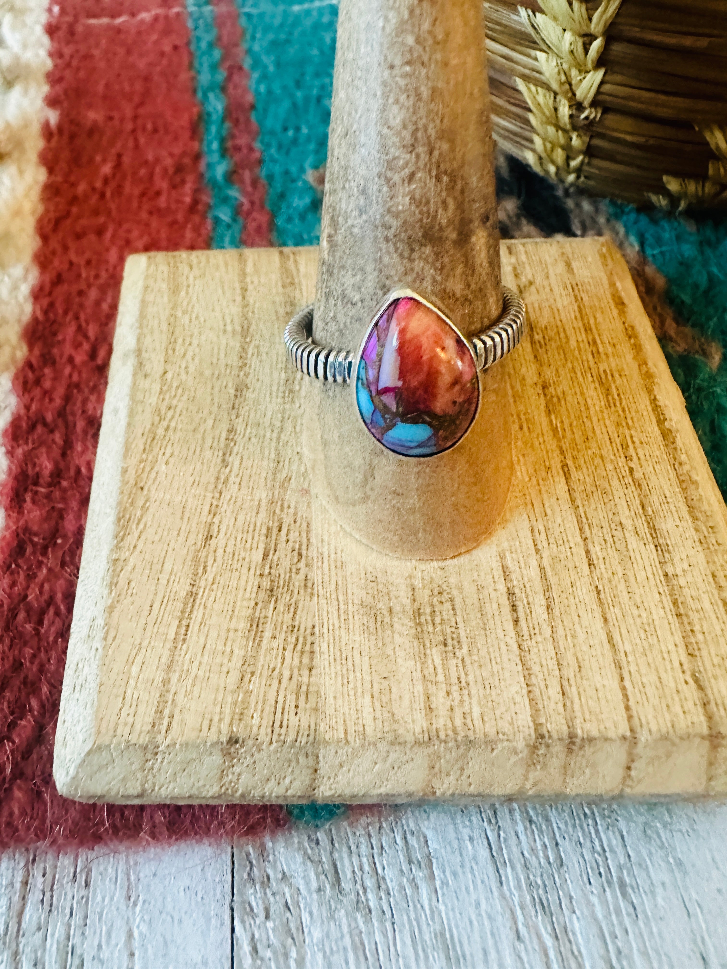 Navajo Sterling Silver & Pink Dream Mojave Teardrop Ring