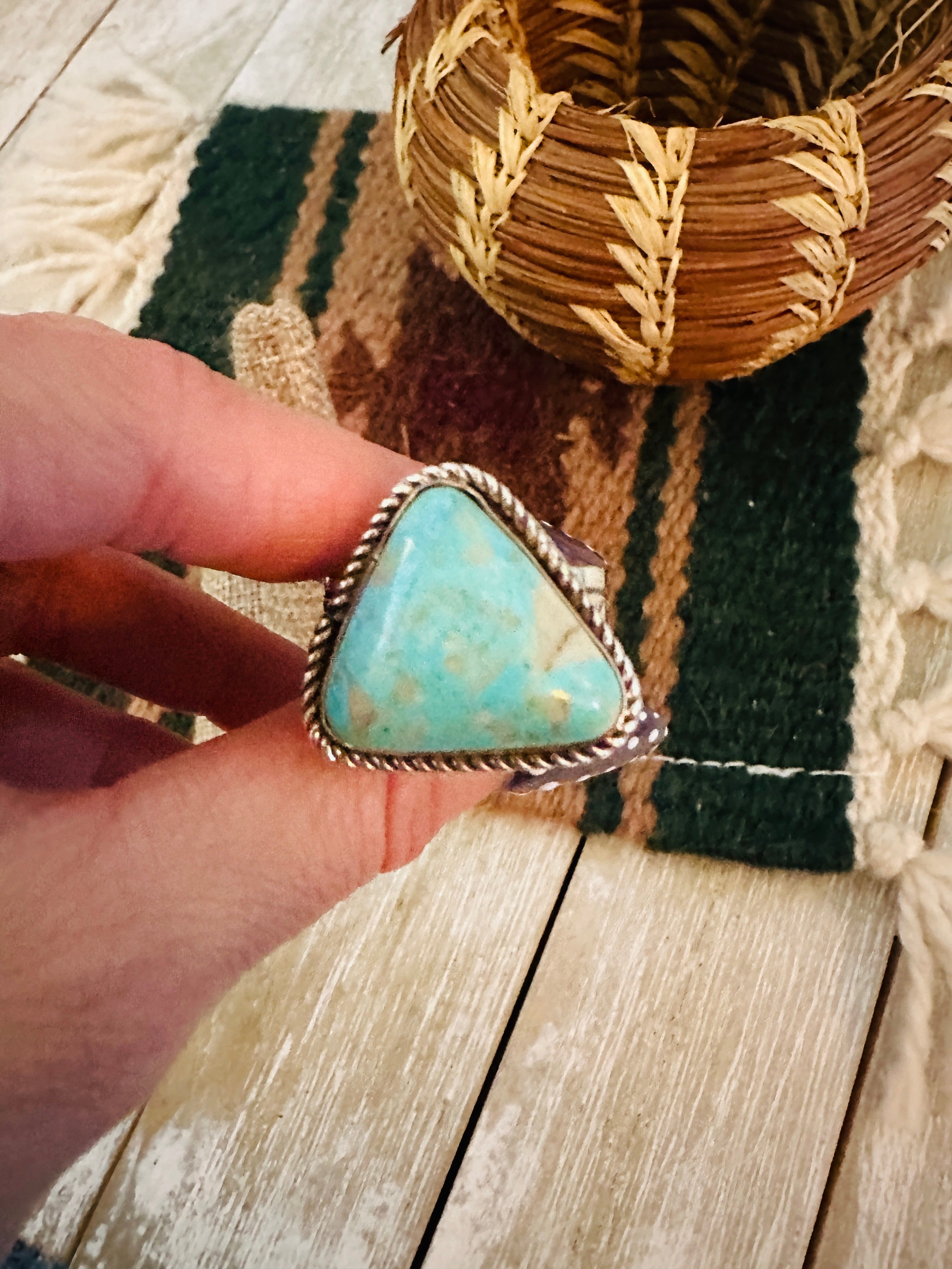 Old Pawn Handcrafted Turquoise & Sterling Silver Ring Size 13