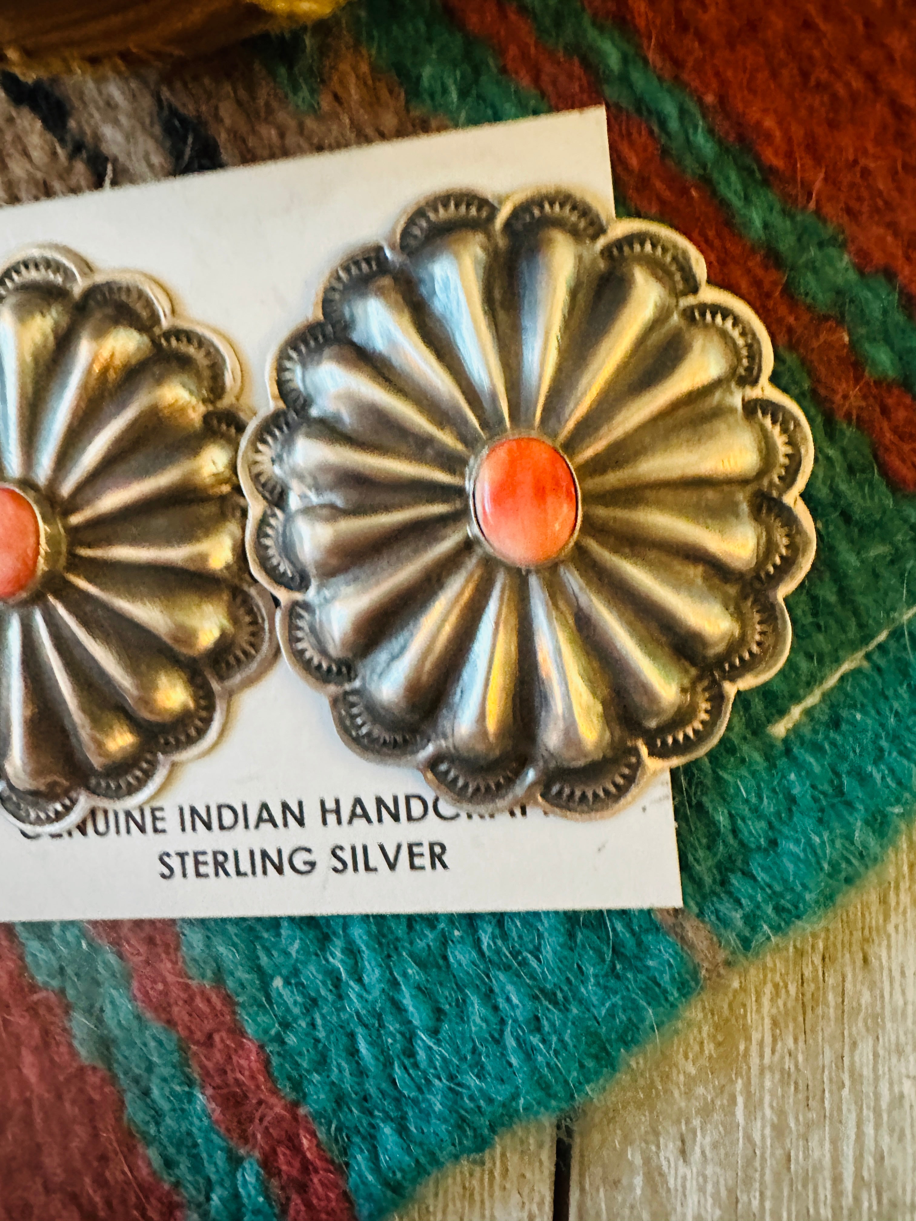 Handcrafted Orange Spiny & Sterling Silver Concho Post Earrings