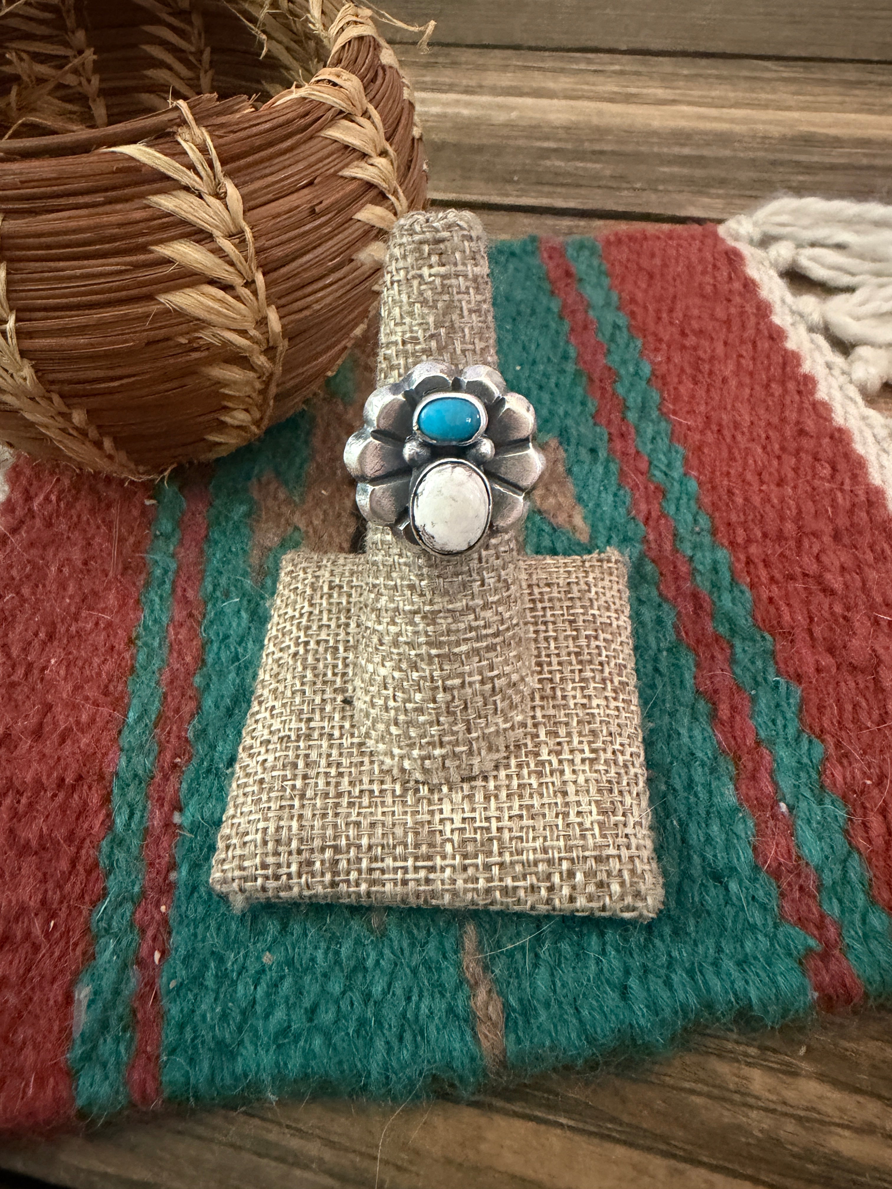 Handcrafted White Buffalo, Turquoise and Sterling Silver Flower Ring size 6.25 by Chimney Butte