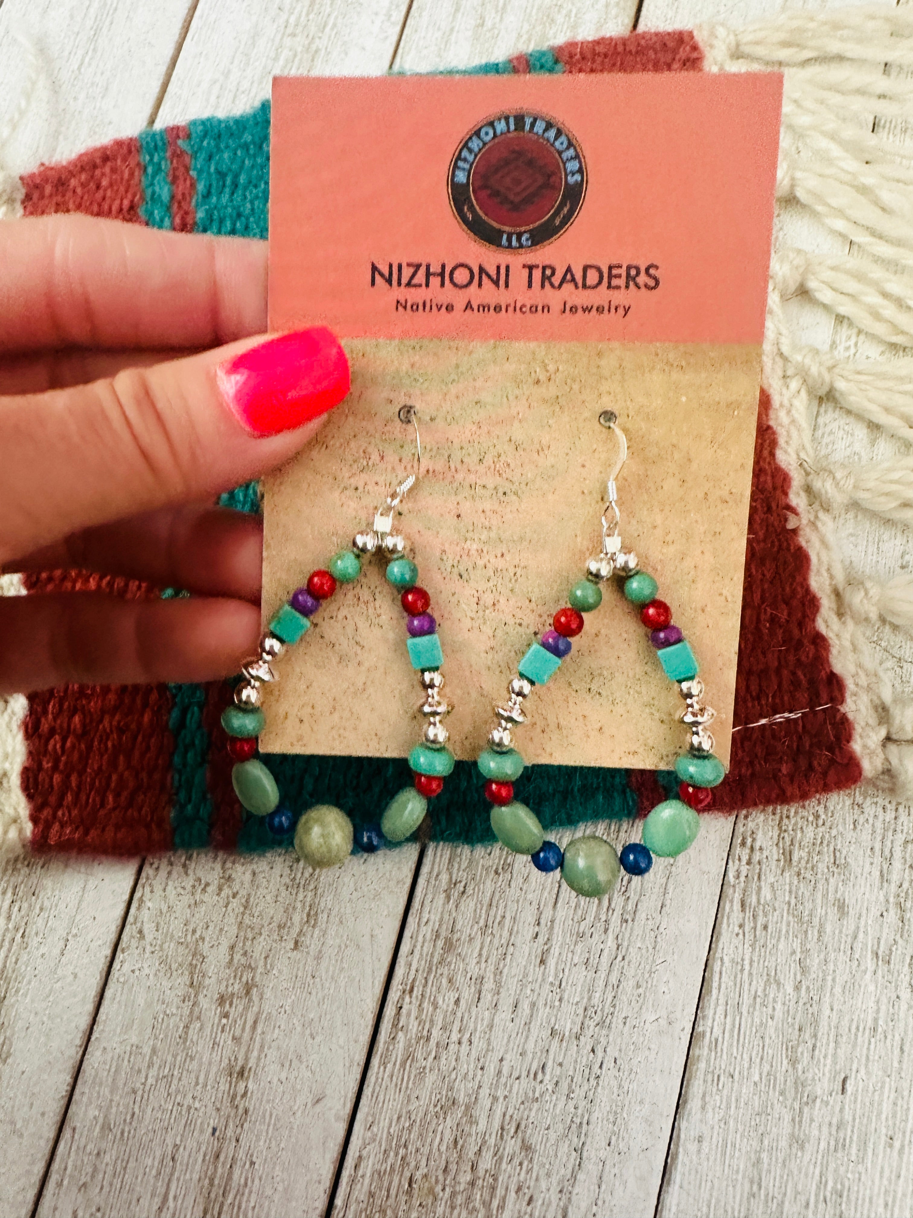 Navajo Multi Stone & Sterling Silver Dangle Hoop Earrings