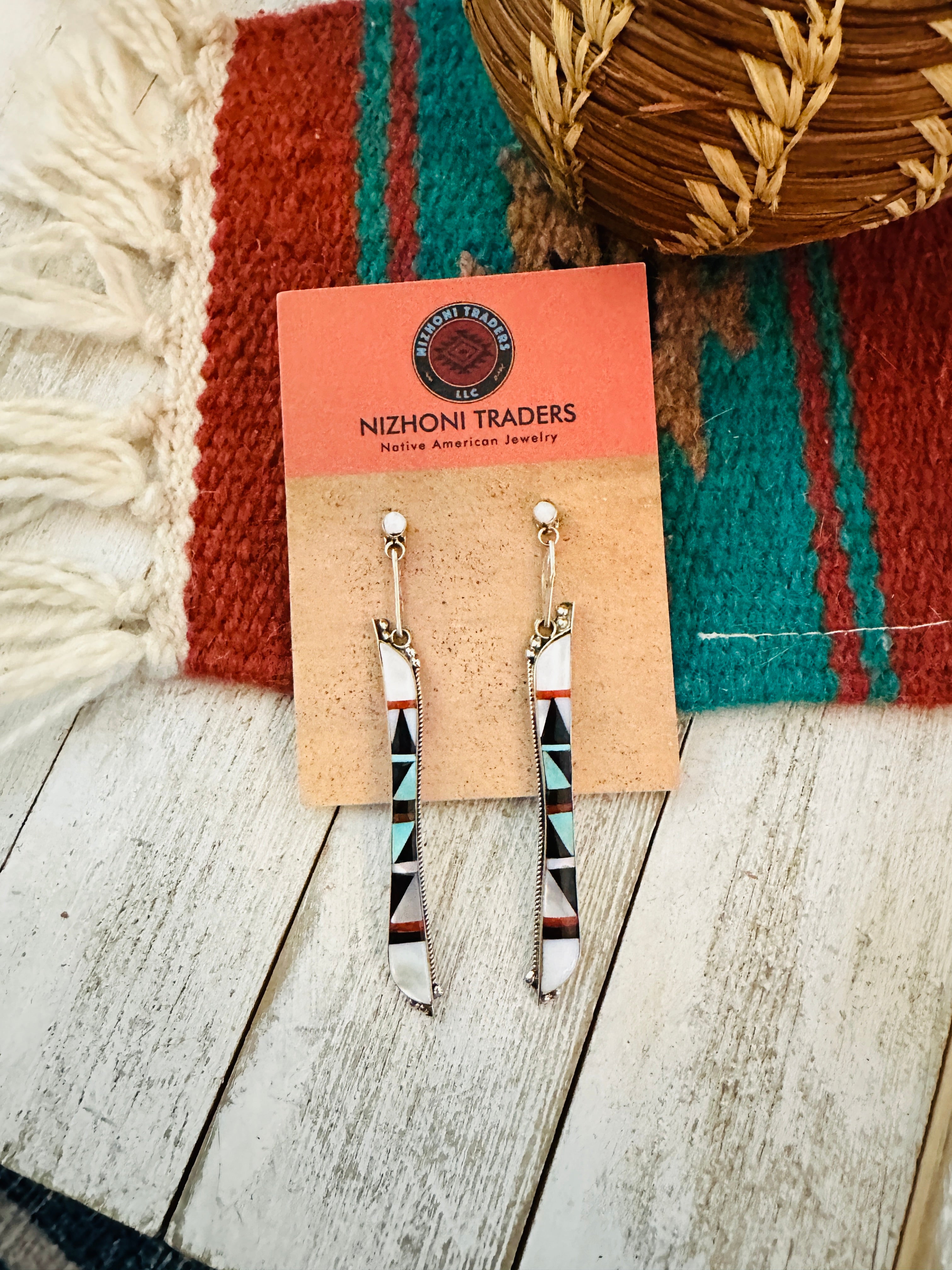 Zuni Multi Stone & Sterling Silver Inlay Dangle Earrings