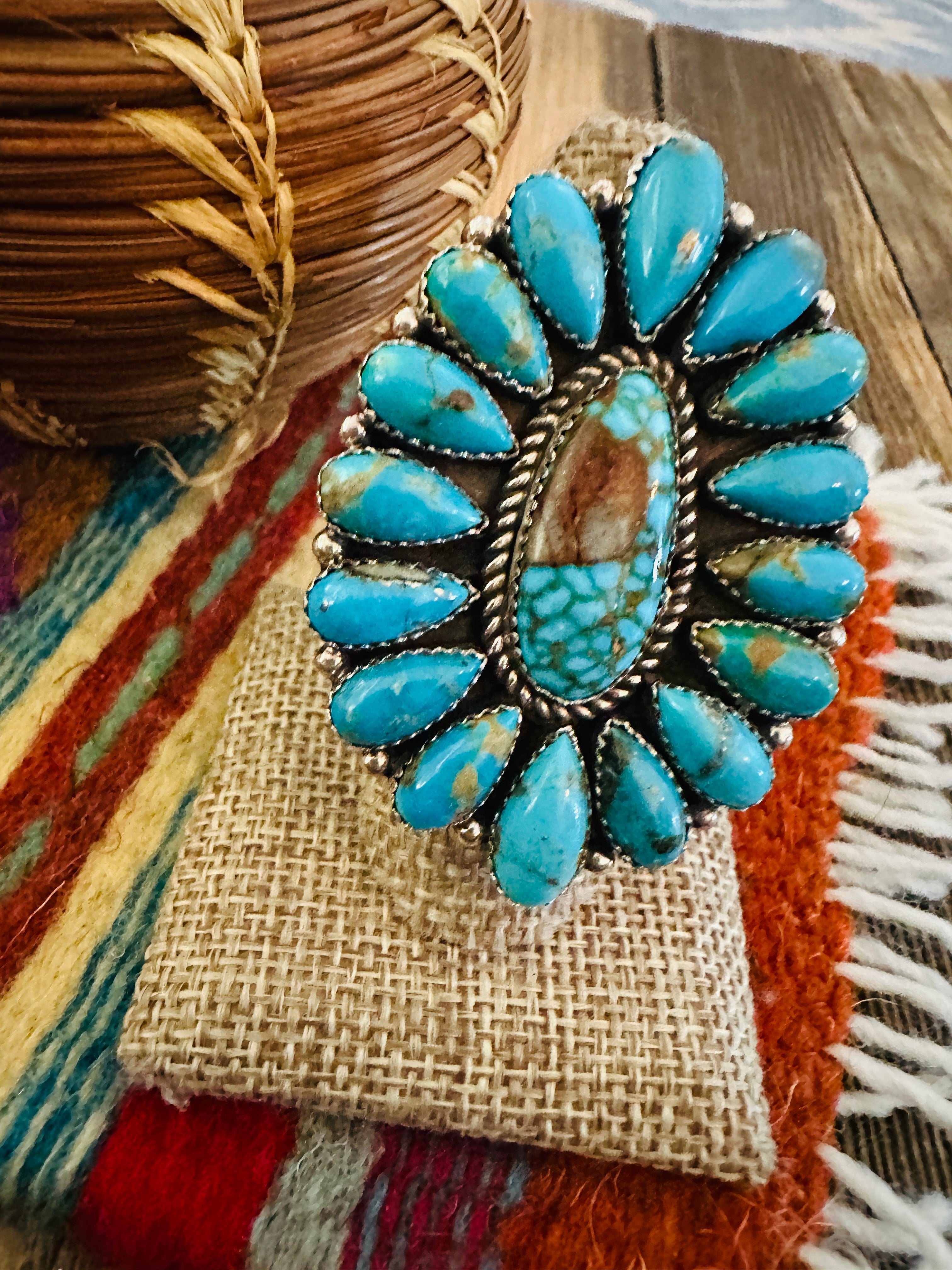 Handcrafted Turquoise & Sterling Silver Adjustable Cluster Ring