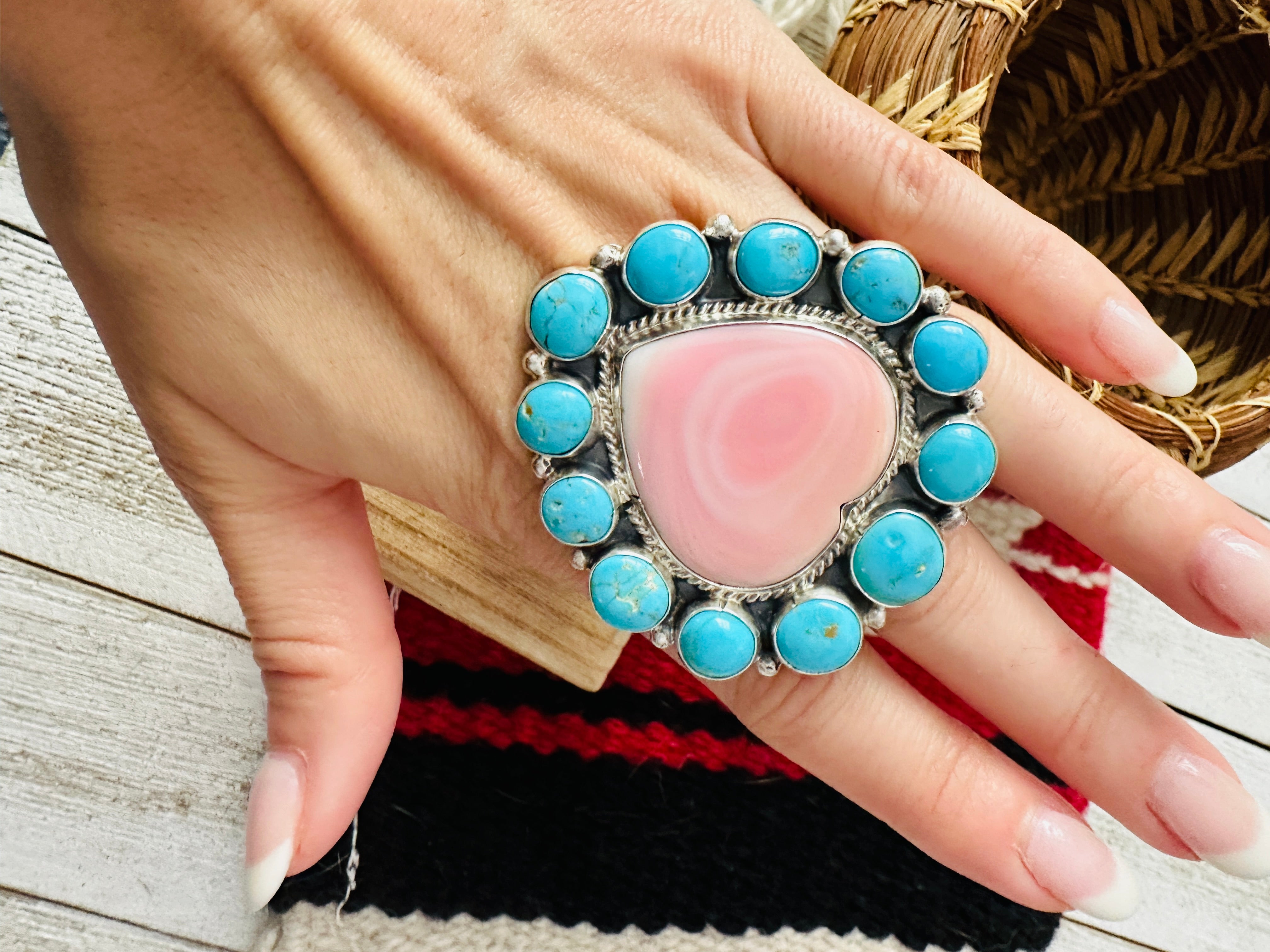 Navajo Sterling Silver, Queen Pink Conch & Turquoise Heart Adjustable Ring