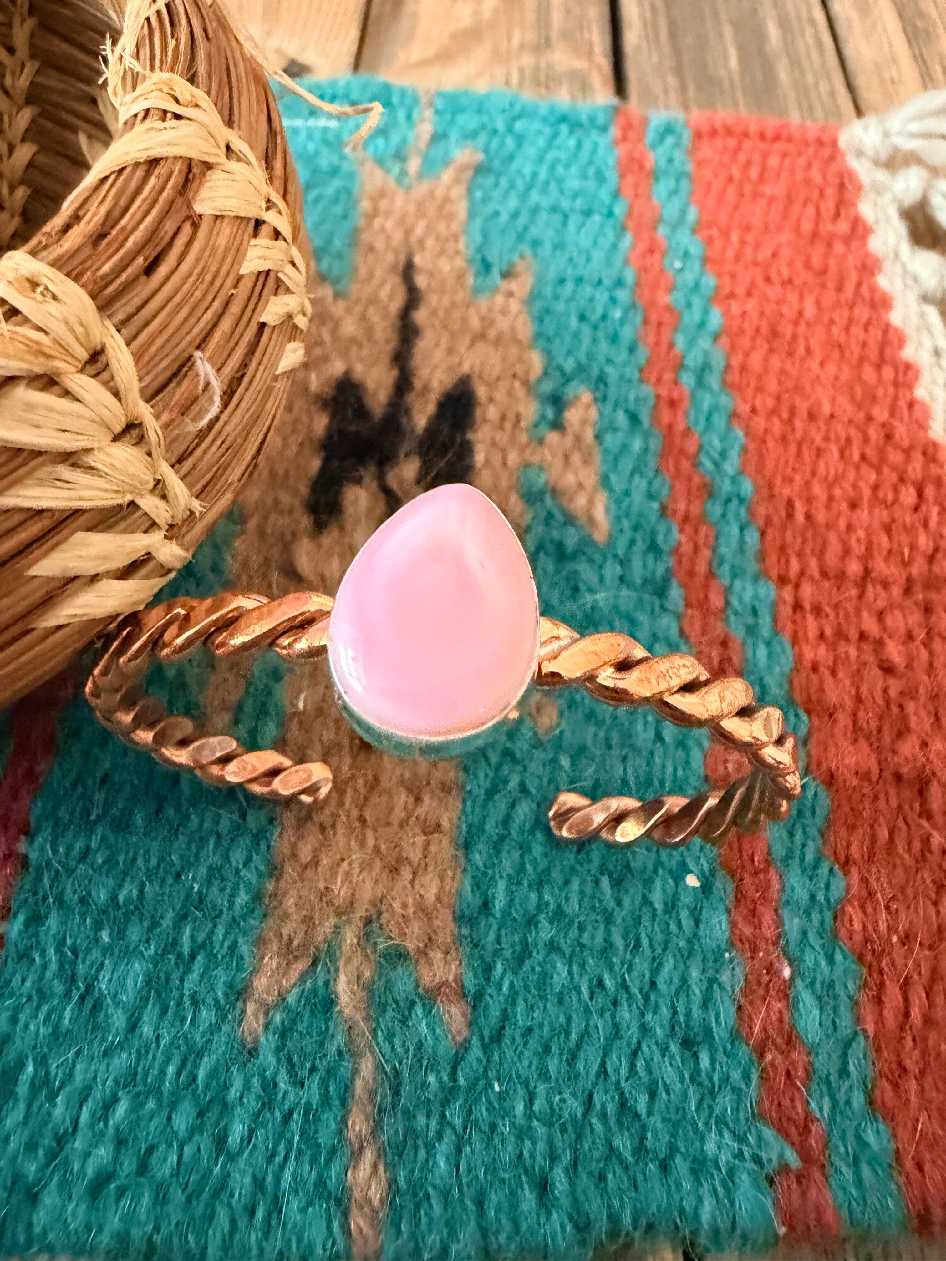 Handcrafted Queen Pink Conch & Copper Twisted Cuff Bracelet by Julia Etsitty