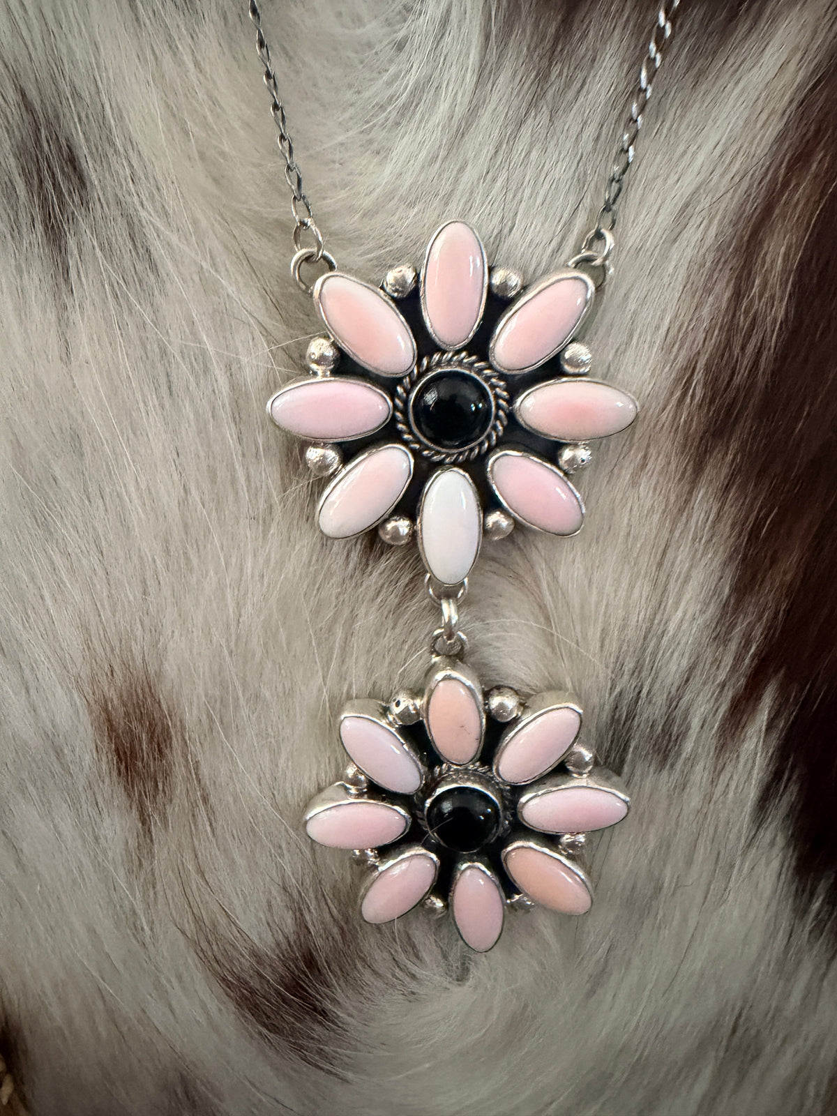 Handcrafted Queen Pink Conch, Onyx & Sterling Silver Necklace