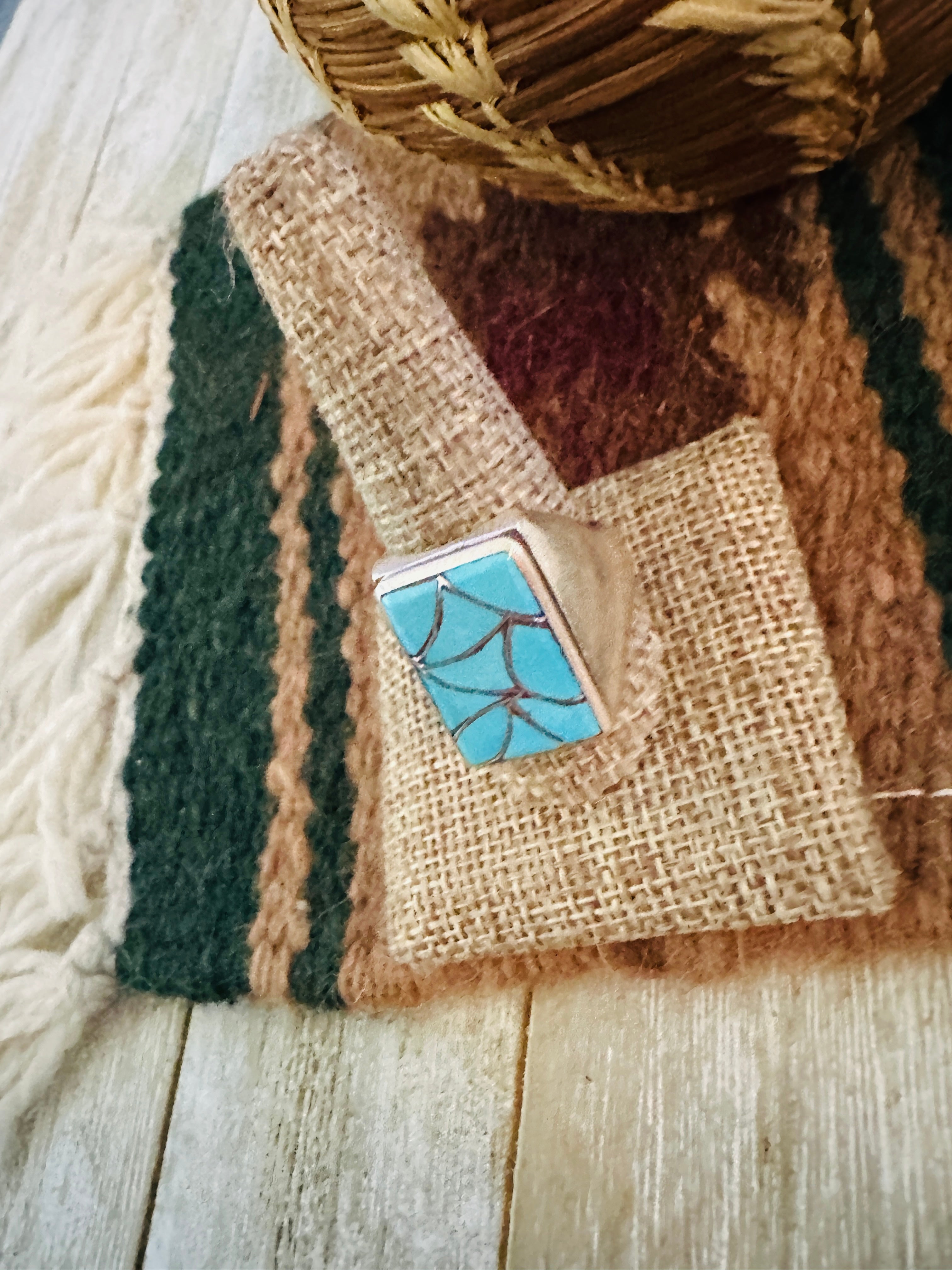 Old Pawn Handcrafted Turquoise & Sterling Silver Inlay Ring Size 11.75