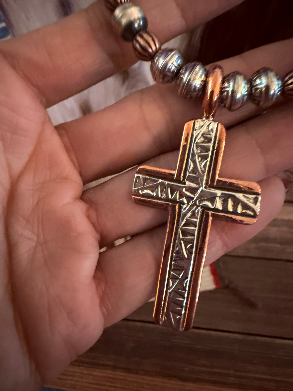 Handcrafted Copper and Sterling Silver Cross Beaded Necklace by Landon Secatero