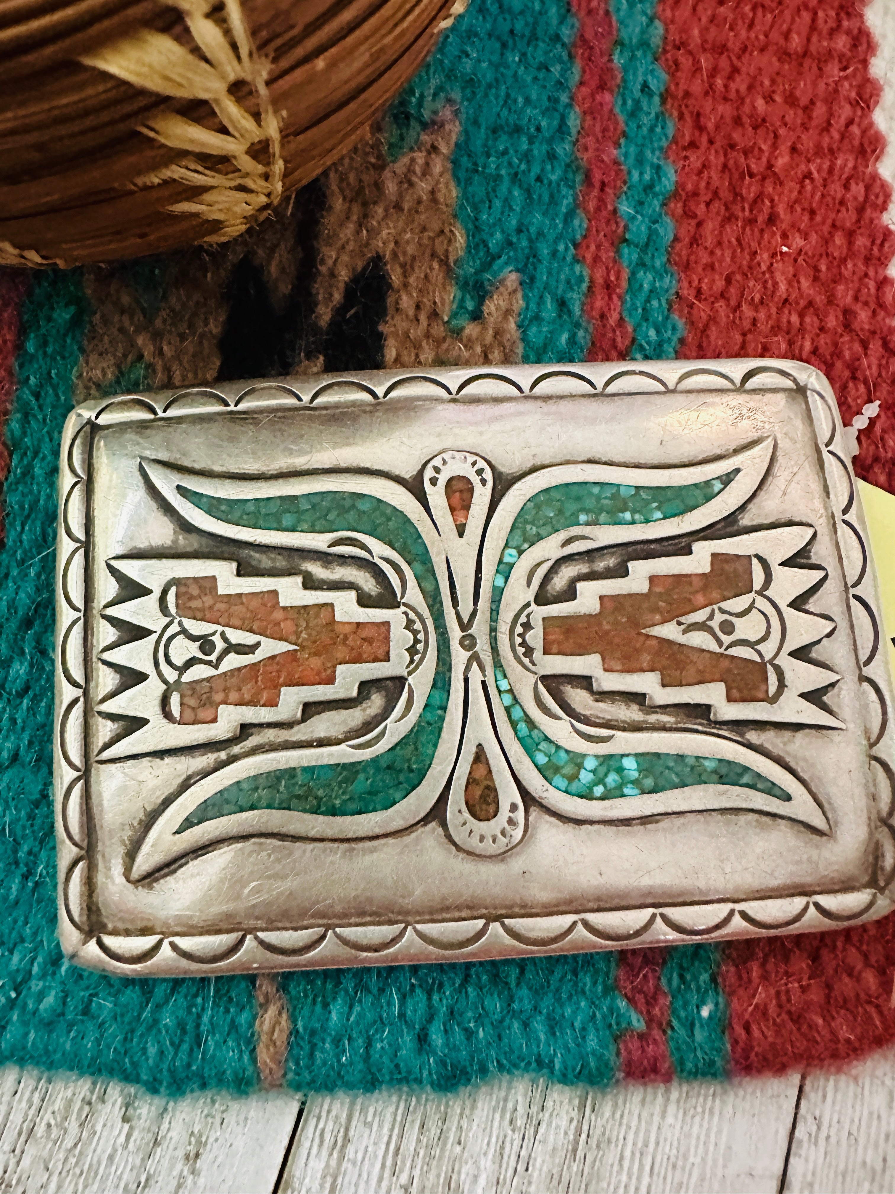 Handcrafted Vintage Old Pawn Turquoise, Coral & Sterling Silver Belt Buckle
