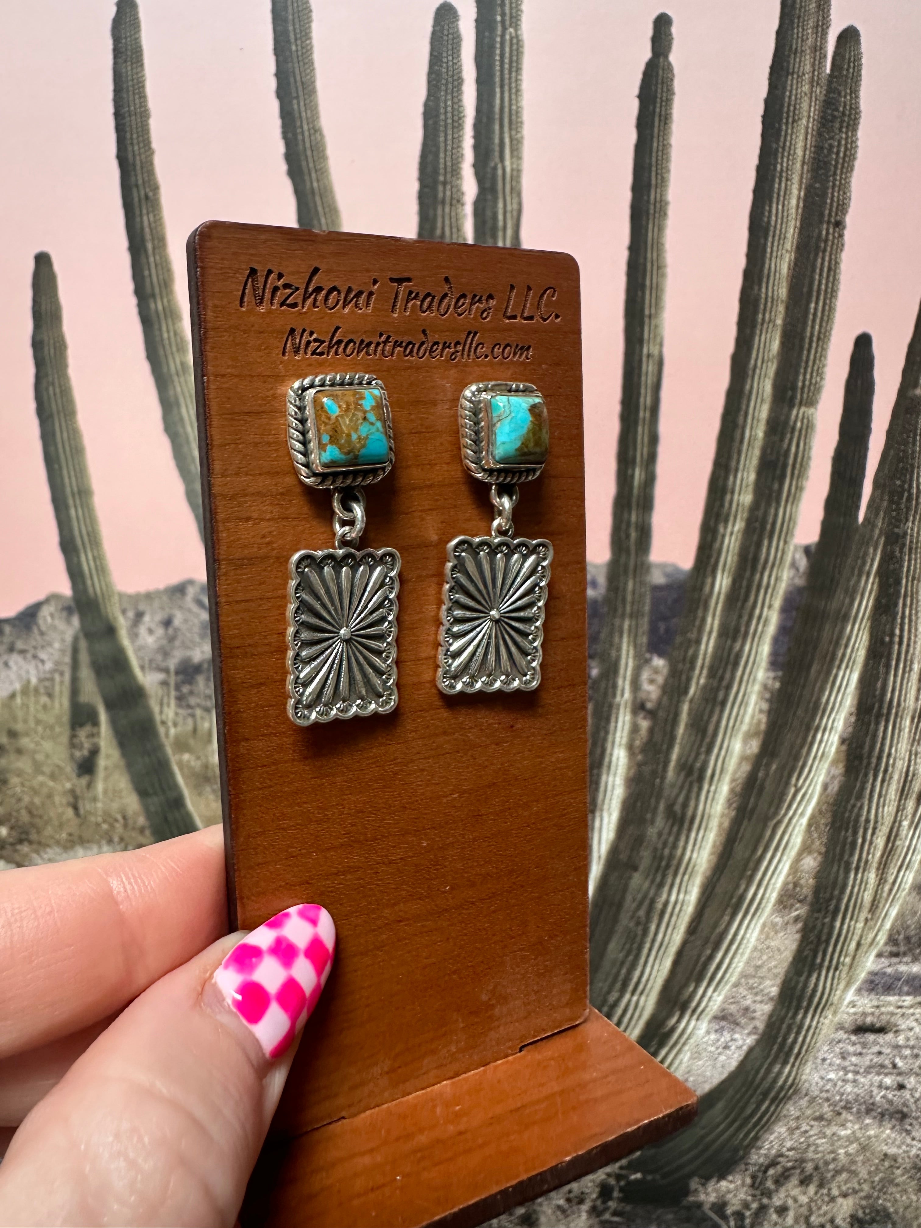 Handmade Sterling Silver, Turquoise Concho Post Dangle Earrings